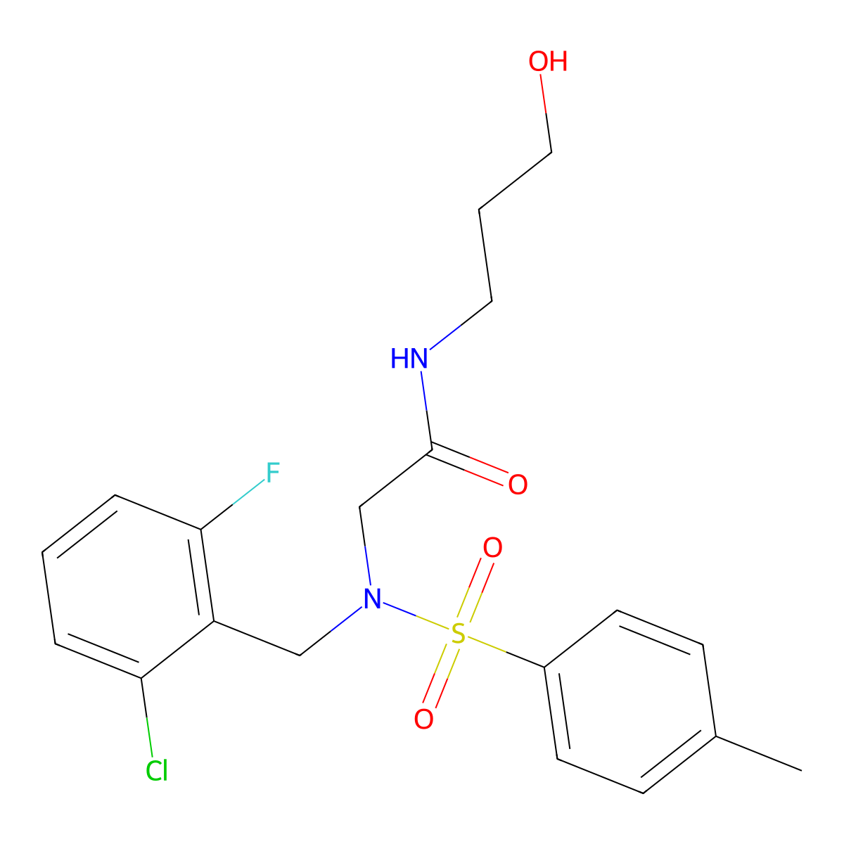 2-[(2-chloro-6-fluorophenyl)methyl-(4-methylphenyl)sulfonylamino]-N-(3-hydroxypropyl)acetamide molecular structure, CAS 593256-41-8
