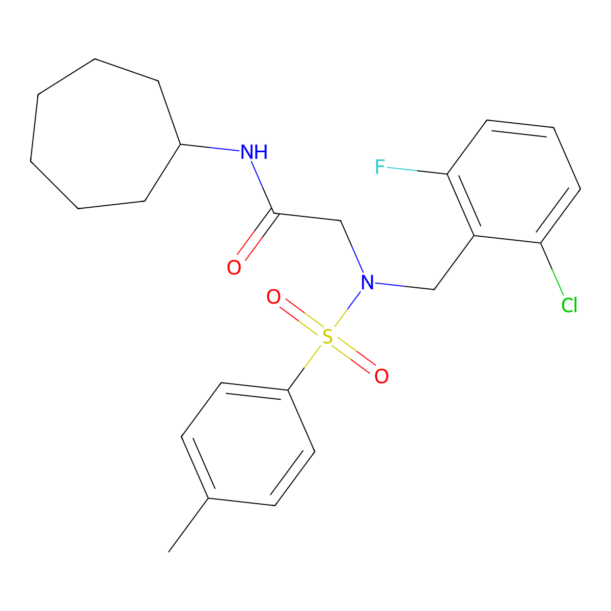 2-[(2-chloro-6-fluorophenyl)methyl-(4-methylphenyl)sulfonylamino]-N-cycloheptylacetamide molecular structure, CAS 593256-52-1
