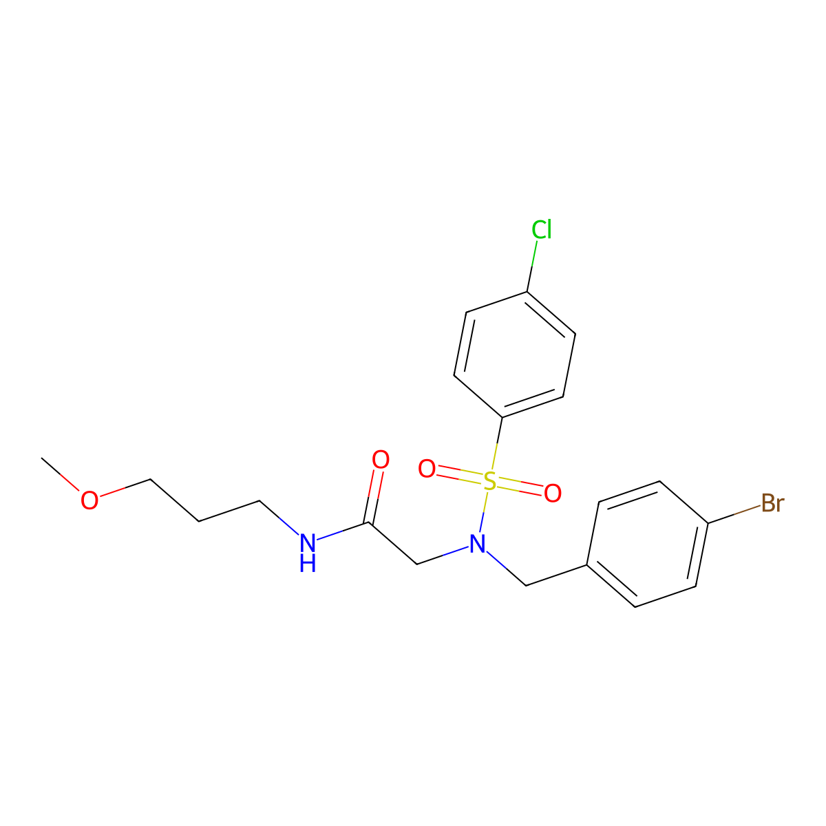 2-[(4-bromophenyl)methyl-(4-chlorophenyl)sulfonylamino]-N-(3-methoxypropyl)acetamide molecular structure, CAS 593256-57-6