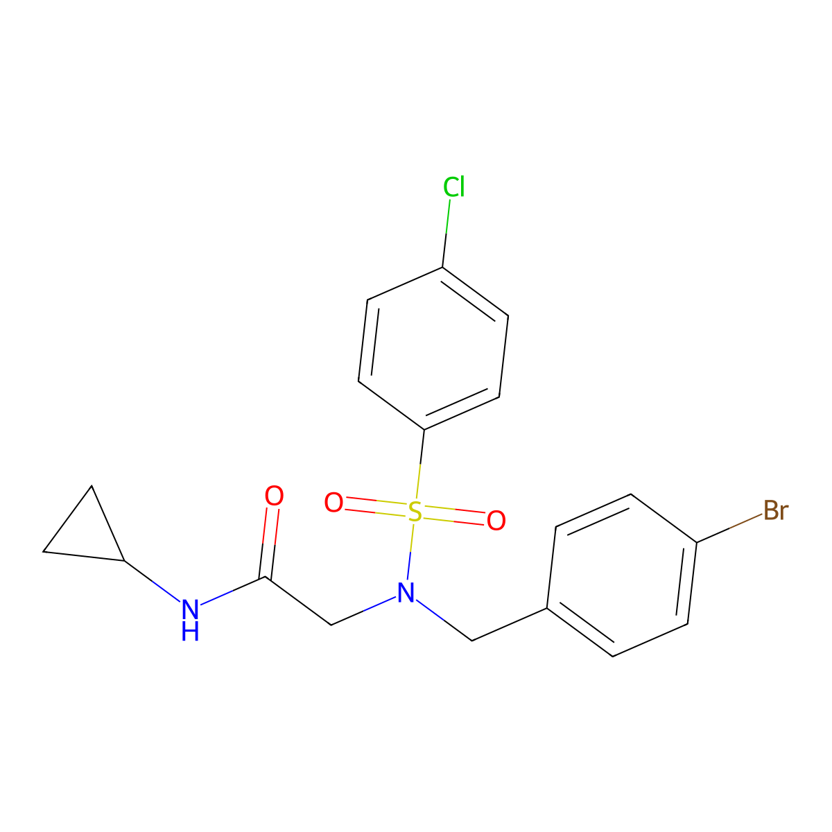 2-[(4-bromophenyl)methyl-(4-chlorophenyl)sulfonylamino]-N-cyclopropylacetamide molecular structure, CAS 593256-62-3