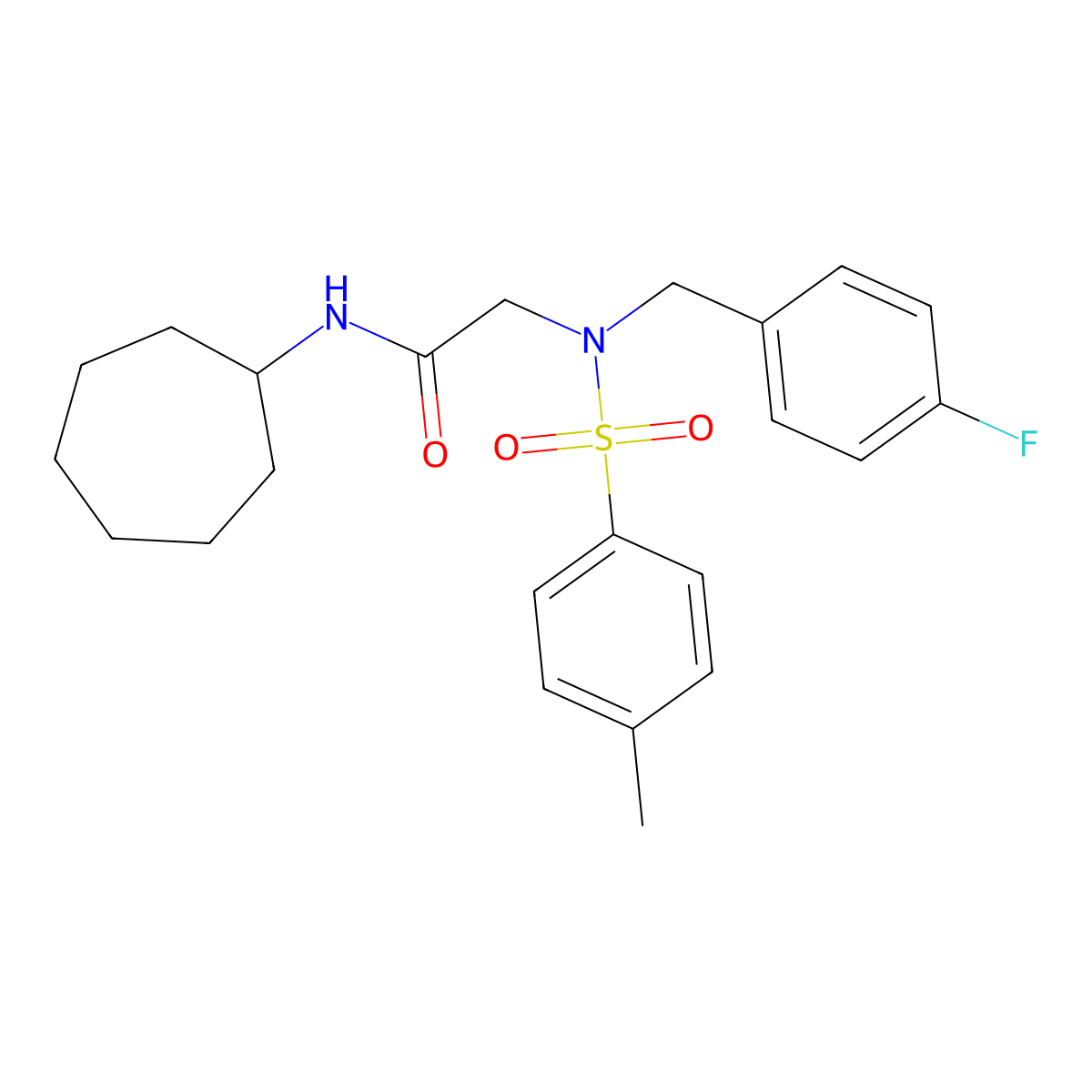 N-cycloheptyl-2-[(4-fluorophenyl)methyl-(4-methylphenyl)sulfonylamino]acetamide molecular structure, CAS 593257-21-7