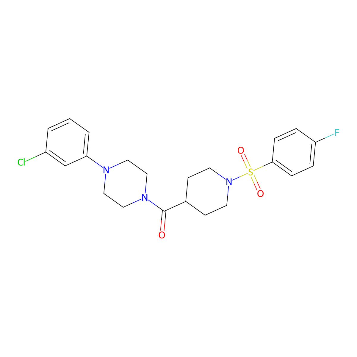 [4-(3-Chlorophenyl)piperazin-1-yl]-[1-(4-fluorophenyl)sulfonylpiperidin-4-yl]methanone molecular structure, CAS 593261-73-5