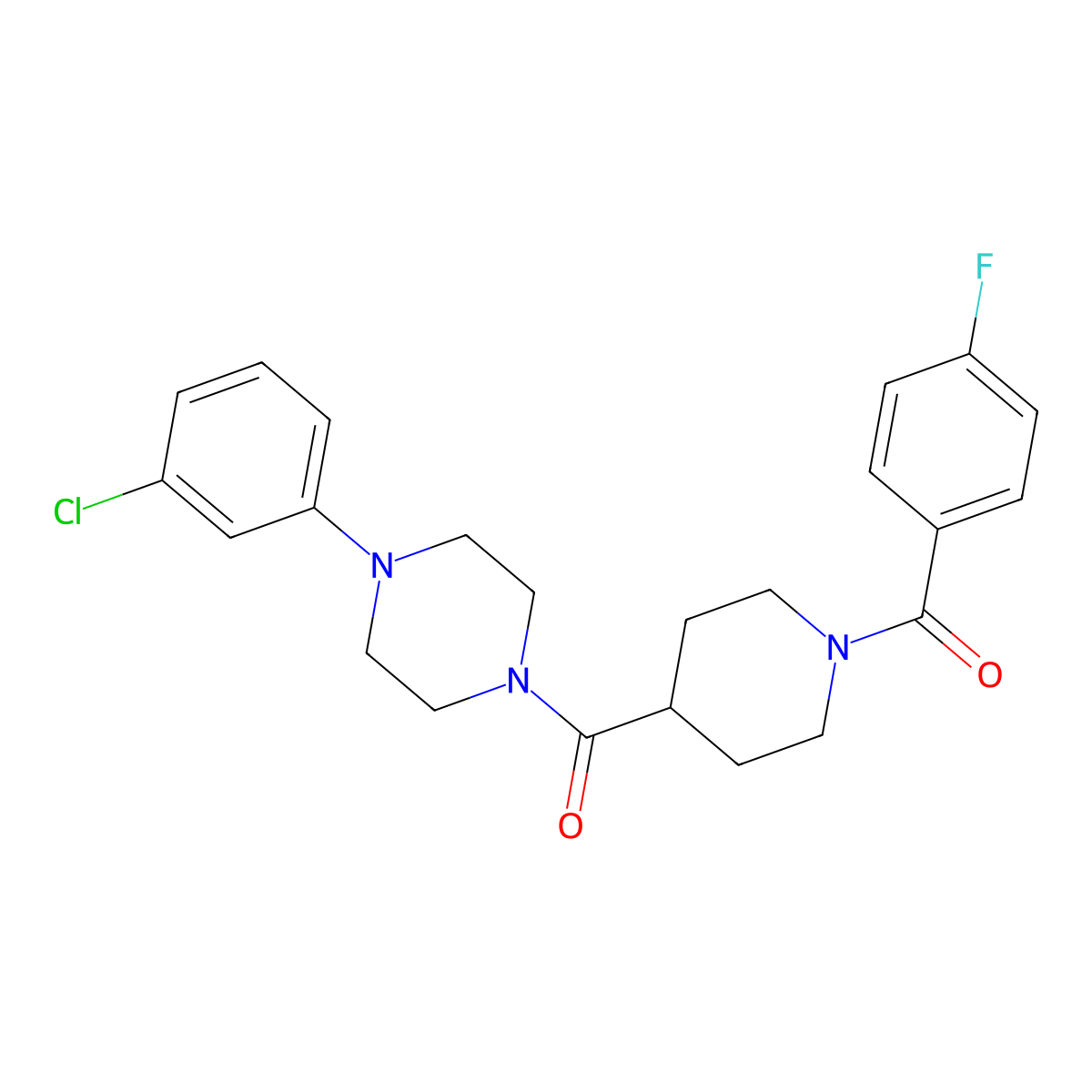 [4-(3-Chlorophenyl)piperazin-1-yl]-[1-(4-fluorobenzoyl)piperidin-4-yl]methanone molecular structure, CAS 593261-80-4