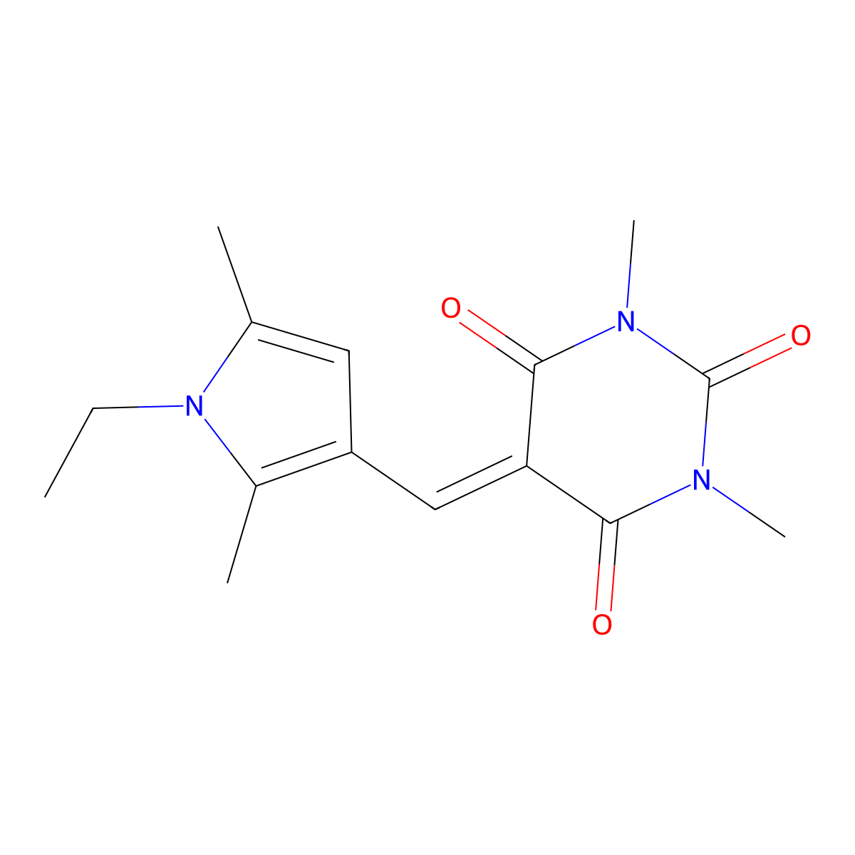 5-[(1-ethyl-2,5-dimethyl-1H-pyrrol-3-yl)methylidene]-1,3-dimethylpyrimidine-2,4,6(1H,3H,5H)-trione molecular structure, CAS 593271-75-1