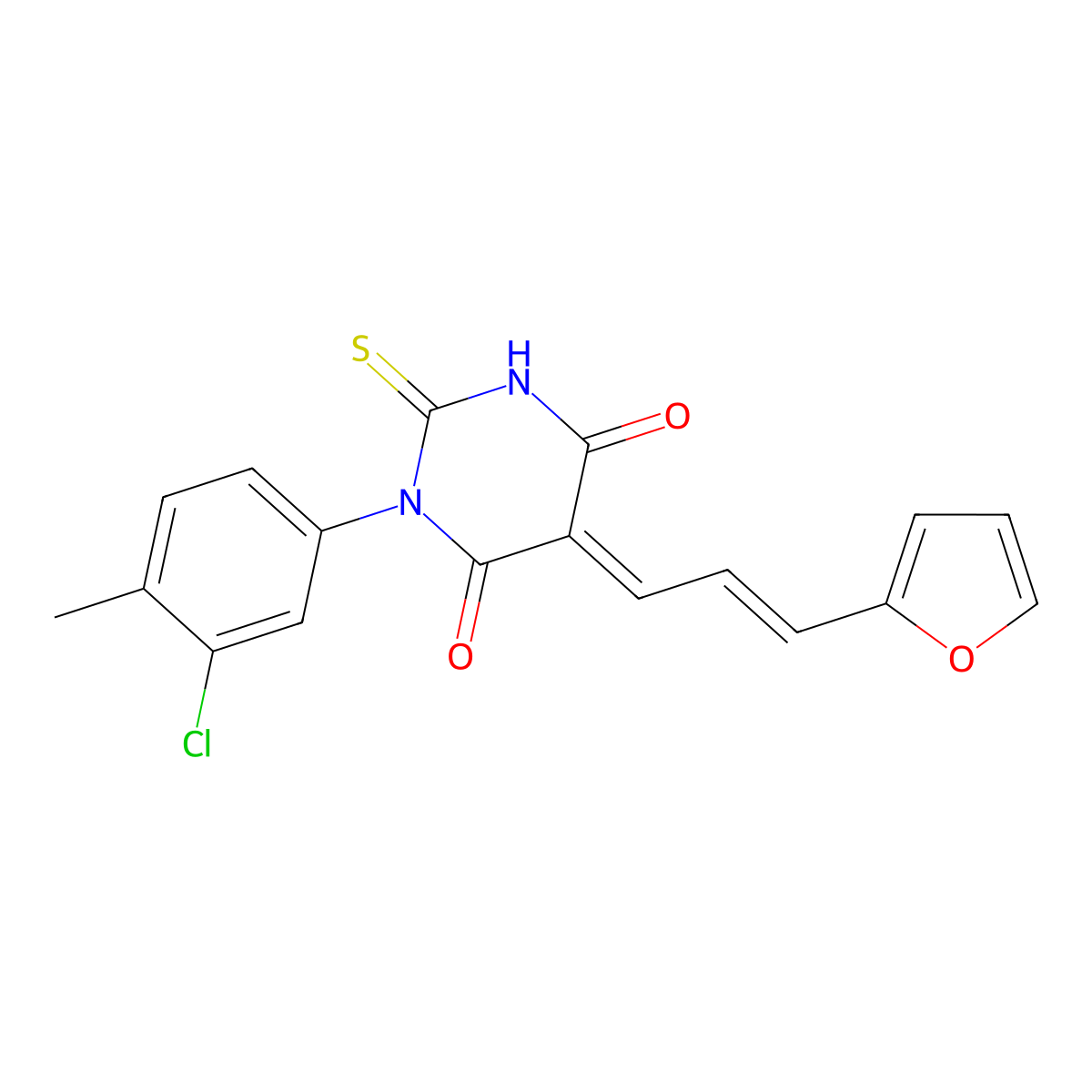 (5E)-1-(3-chloro-4-methylphenyl)-5-[(E)-3-(furan-2-yl)prop-2-enylidene]-2-sulfanylidene-1,3-diazinane-4,6-dione molecular structure, CAS 593273-05-3