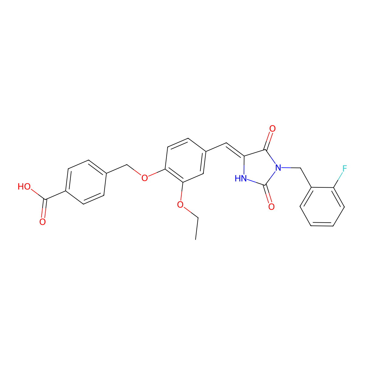 4-((2-Ethoxy-4-((1-(2-fluorobenzyl)-2,5-dioxoimidazolidin-4-ylidene)methyl)phenoxy)methyl)benzoic acid molecular structure, CAS 593275-98-0