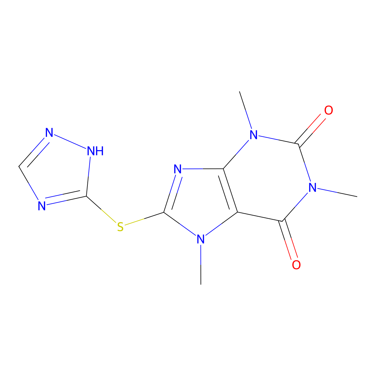 1,3,7-Trimethyl-8-(2H-[1,2,4]triazol-3-ylsulfanyl)-3,7-dihydro-purine-2,6-dione molecular structure, CAS 5933-39-1