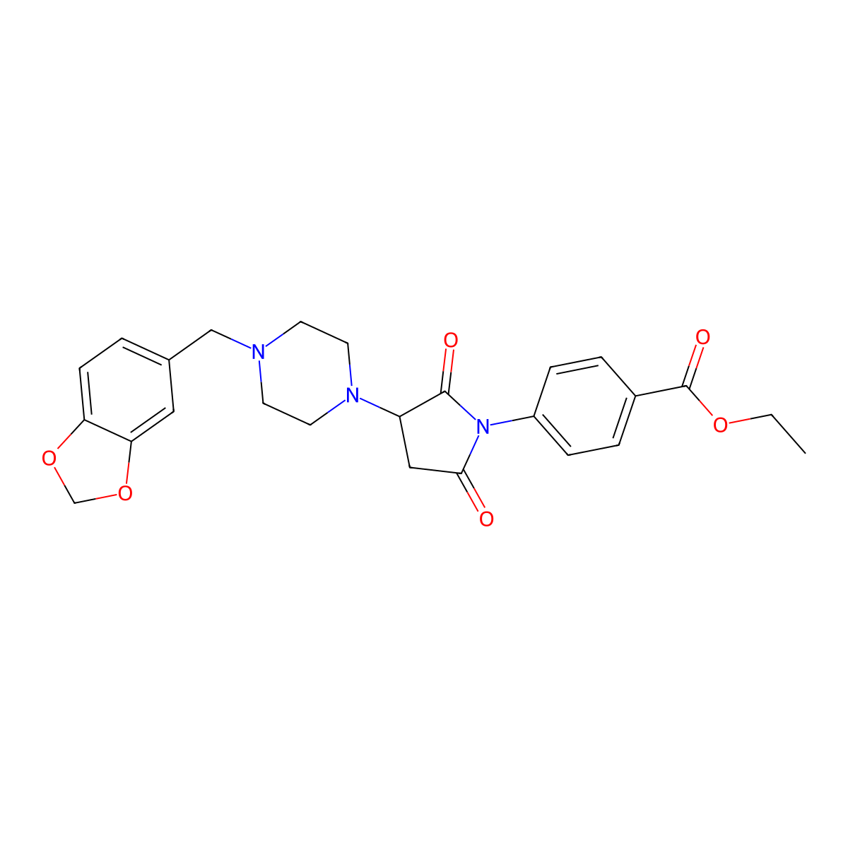Ethyl 4-[3-[4-(1,3-benzodioxol-5-ylmethyl)piperazin-1-yl]-2,5-dioxopyrrolidin-1-yl]benzoate molecular structure, CAS 5933-66-4