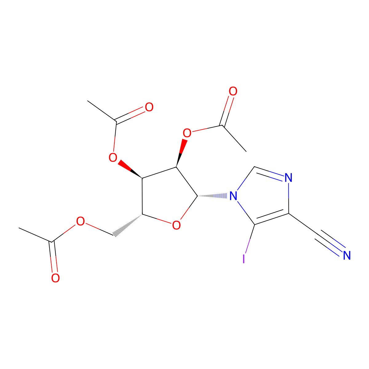 5-Iodo-1-(2',3',5'-tri-O-acetyl-B-D-ribofuranosyl)-imidazo-4-carbonitrile molecular structure, CAS 59354-00-6