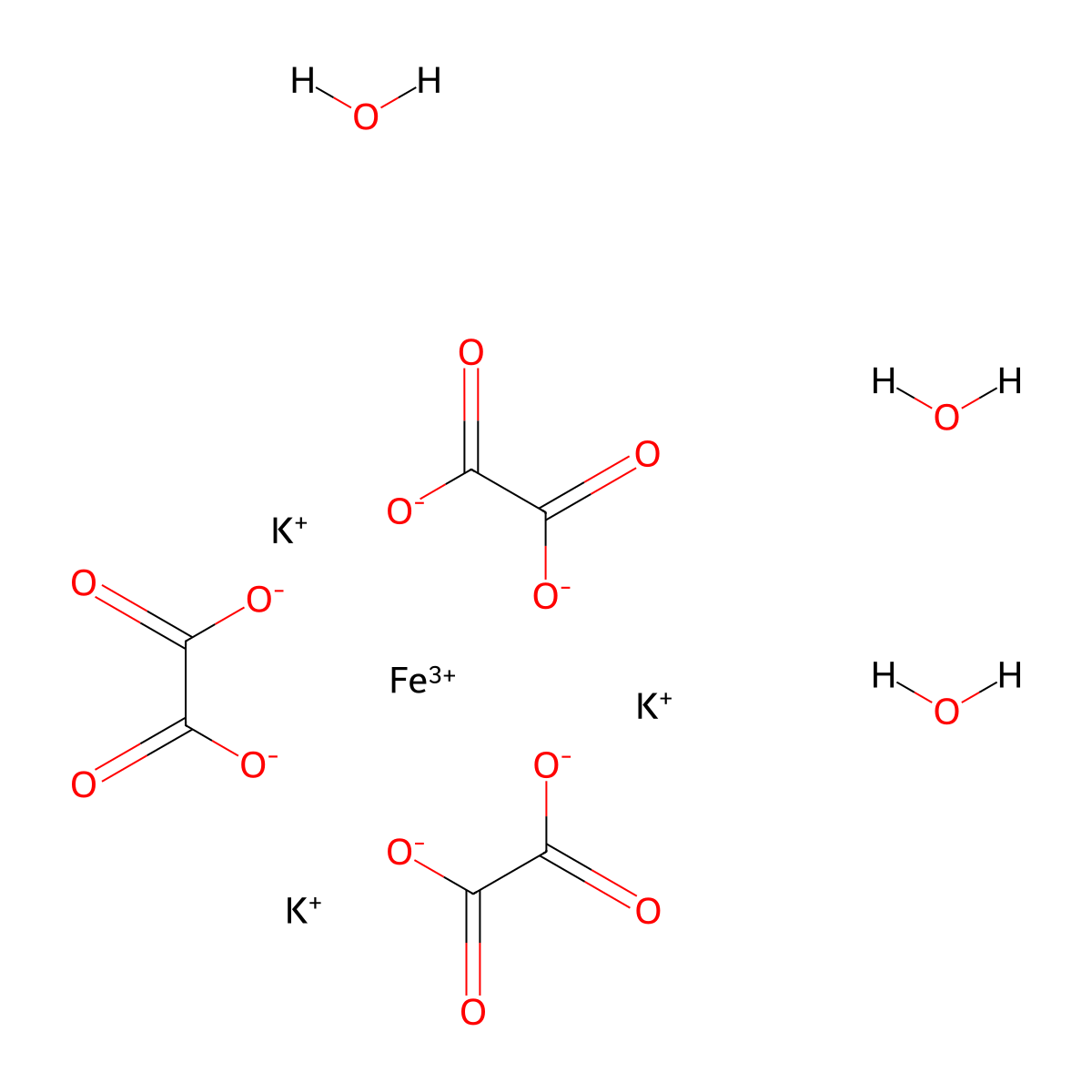 Ferrate(3-), tris[ethanedioato(2-)-κO1,κO2]-, potassium, hydrate (1:3:3), (OC-6-11)- , Potassium trioxalatoferrate(III) trihydrate molecular structure, CAS 5936-11-8
