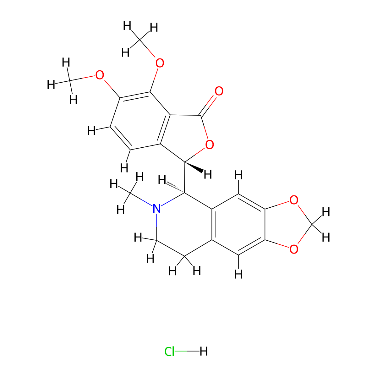 1(3H)-Isobenzofuranone, 6,7-dimethoxy-3-[(5R)-5,6,7,8-tetrahydro-6-methyl-1,3-dioxolo[4,5-g]isoquinolin-5-yl]-, hydrochloride (1:1), (3S)- molecular structure, CAS 5936-28-7