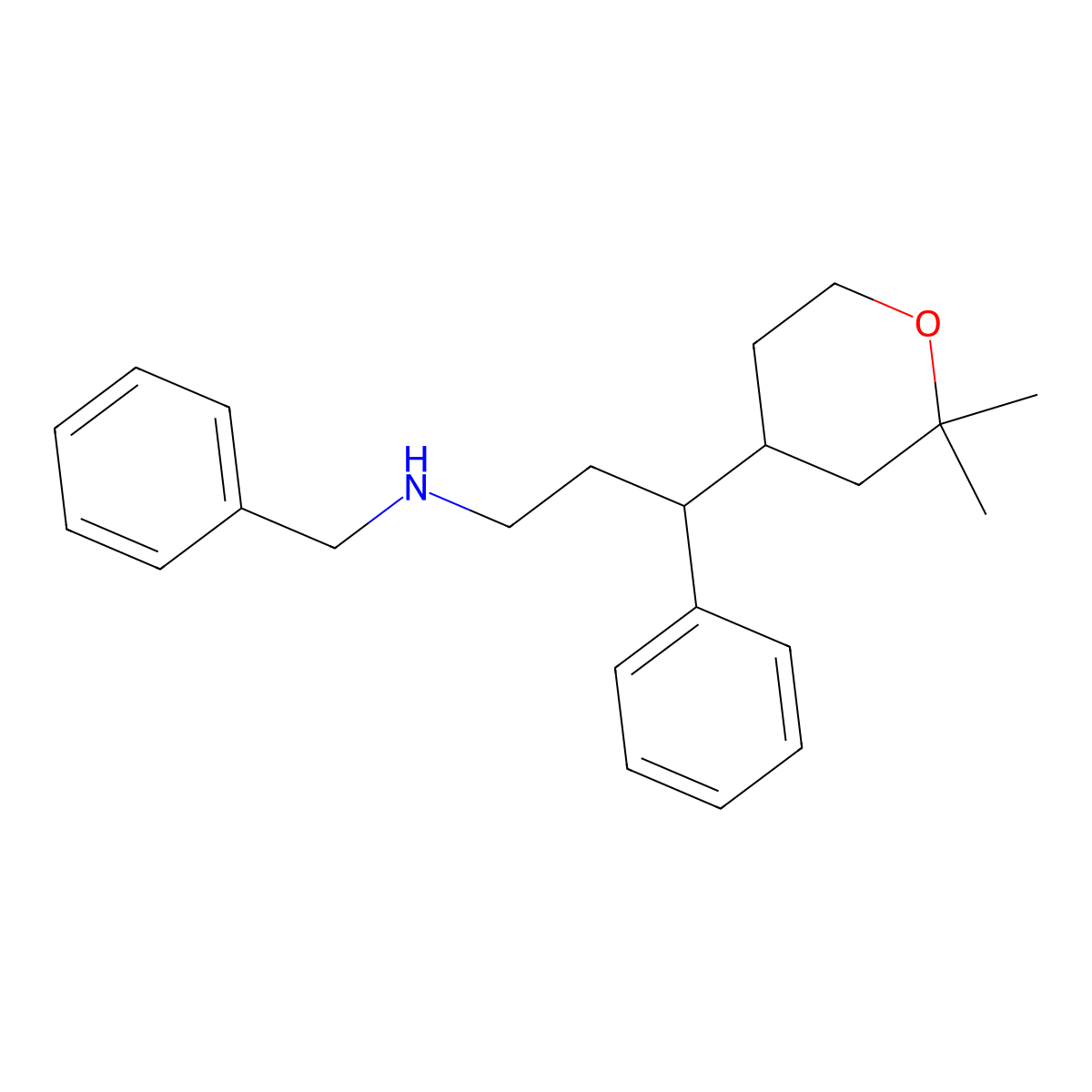 N-benzyl-3-(2,2-dimethyloxan-4-yl)-3-phenylpropan-1-amine molecular structure, CAS 5936-29-8