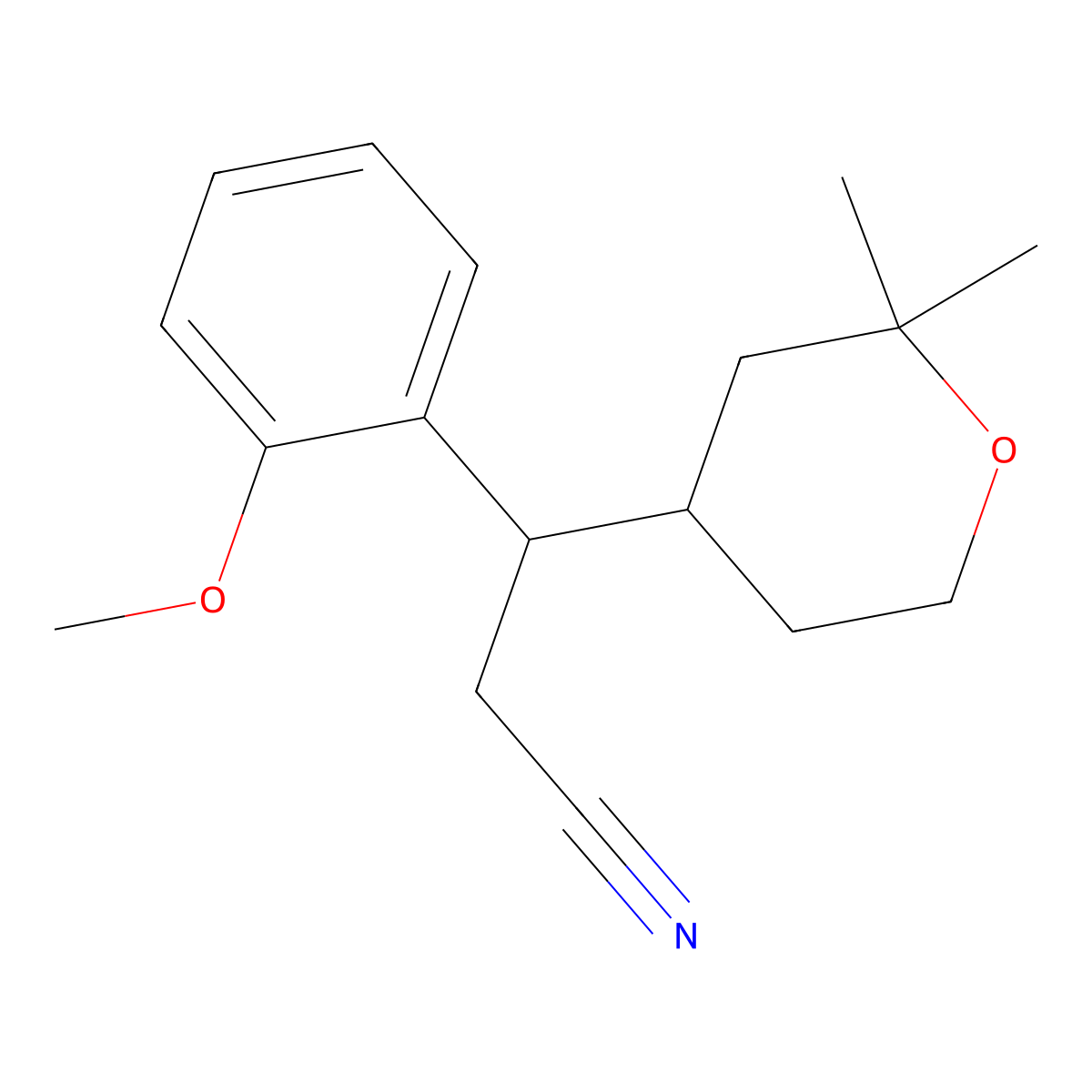 3-(2,2-Dimethyloxan-4-yl)-3-(2-methoxyphenyl)propanenitrile molecular structure, CAS 5936-39-0