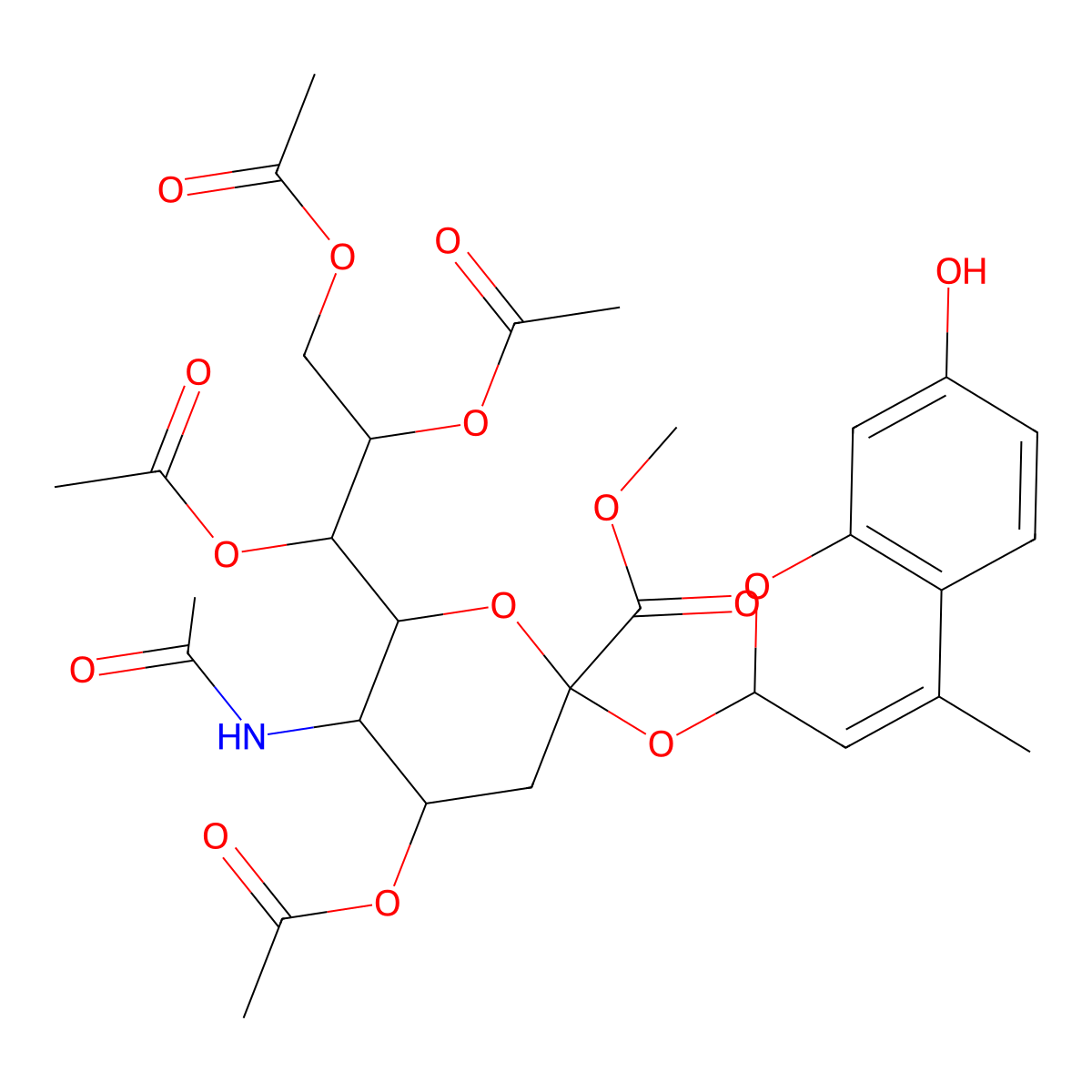 methyl (2S,4S,5S,6R)-5-acetamido-4-acetyloxy-2-[(7-hydroxy-4-methyl-2H-chromen-2-yl)oxy]-6-[(1S,2R)-1,2,3-triacetyloxypropyl]oxane-2-carboxylate molecular structure, CAS 59361-08-9