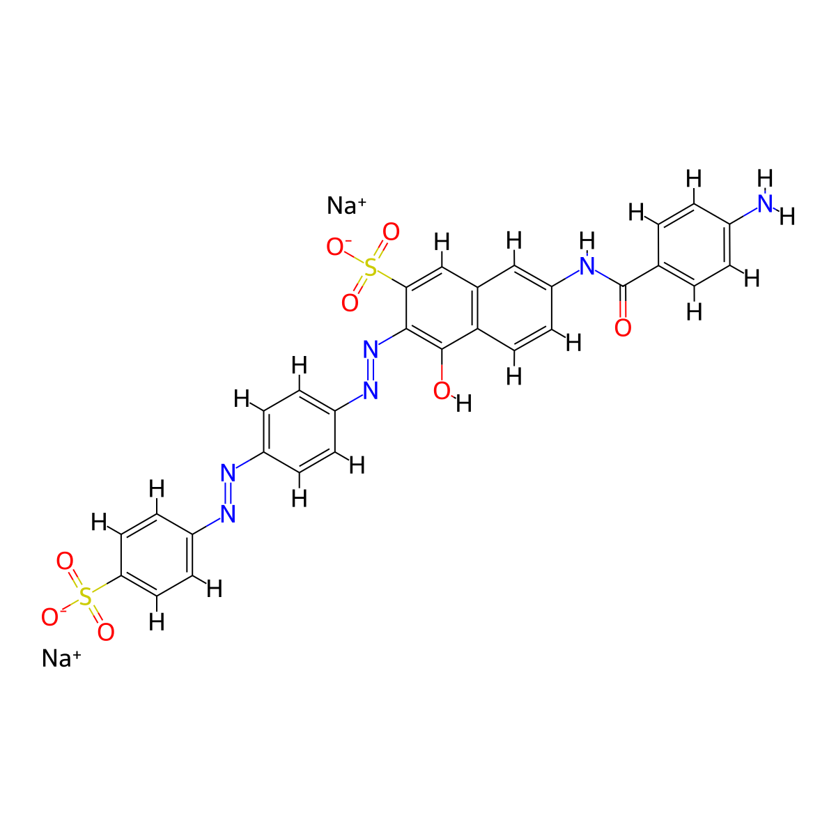 Disodium 7-((4-aminobenzoyl)amino)-4-hydroxy-3-((4-((4-sulphonatophenyl)azo)phenyl)azo)naphthalene-2-sulphonate molecular structure, CAS 5938-85-2