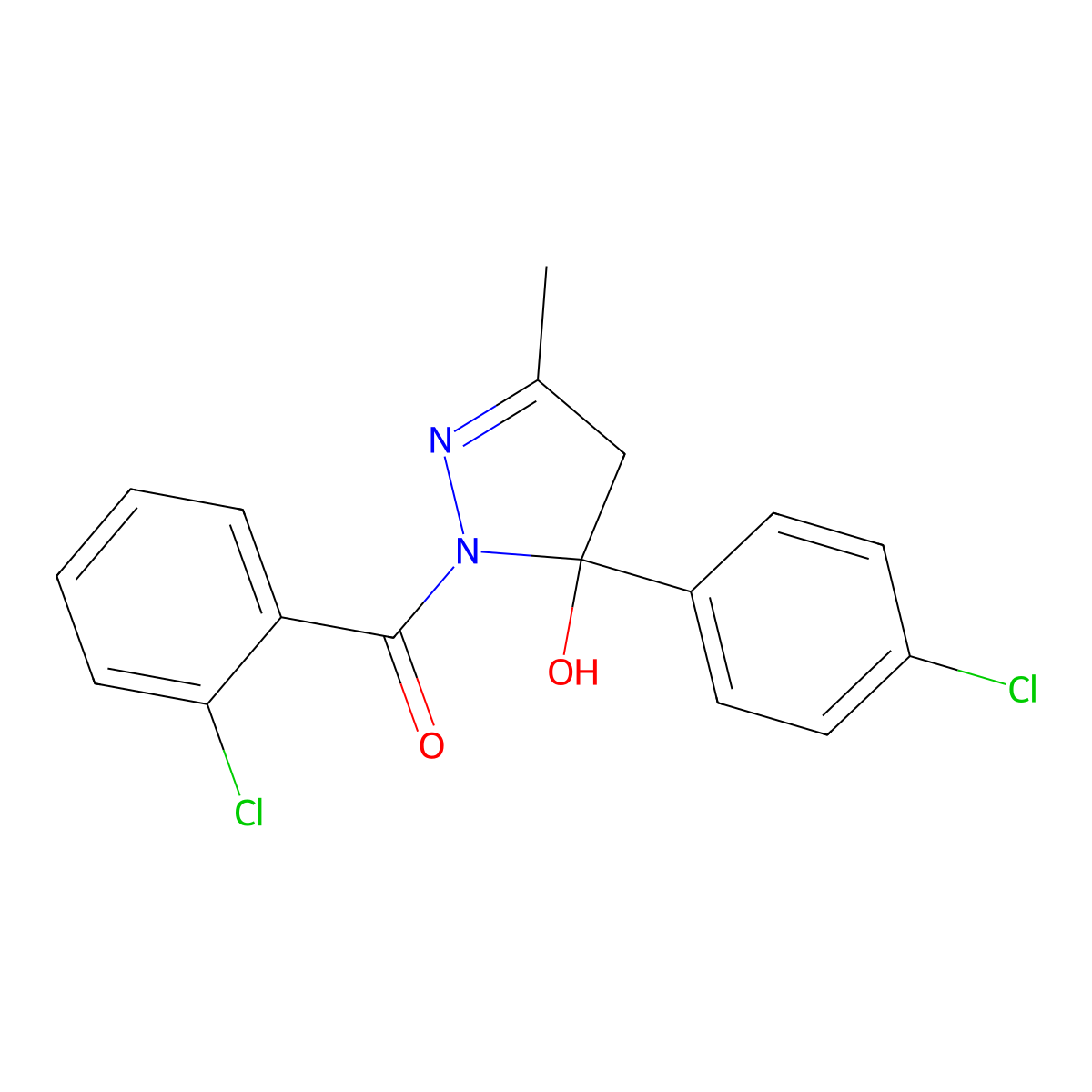 (2-chlorophenyl)-[5-(4-chlorophenyl)-5-hydroxy-3-methyl-4H-pyrazol-1-yl]methanone molecular structure, CAS 5942-89-2