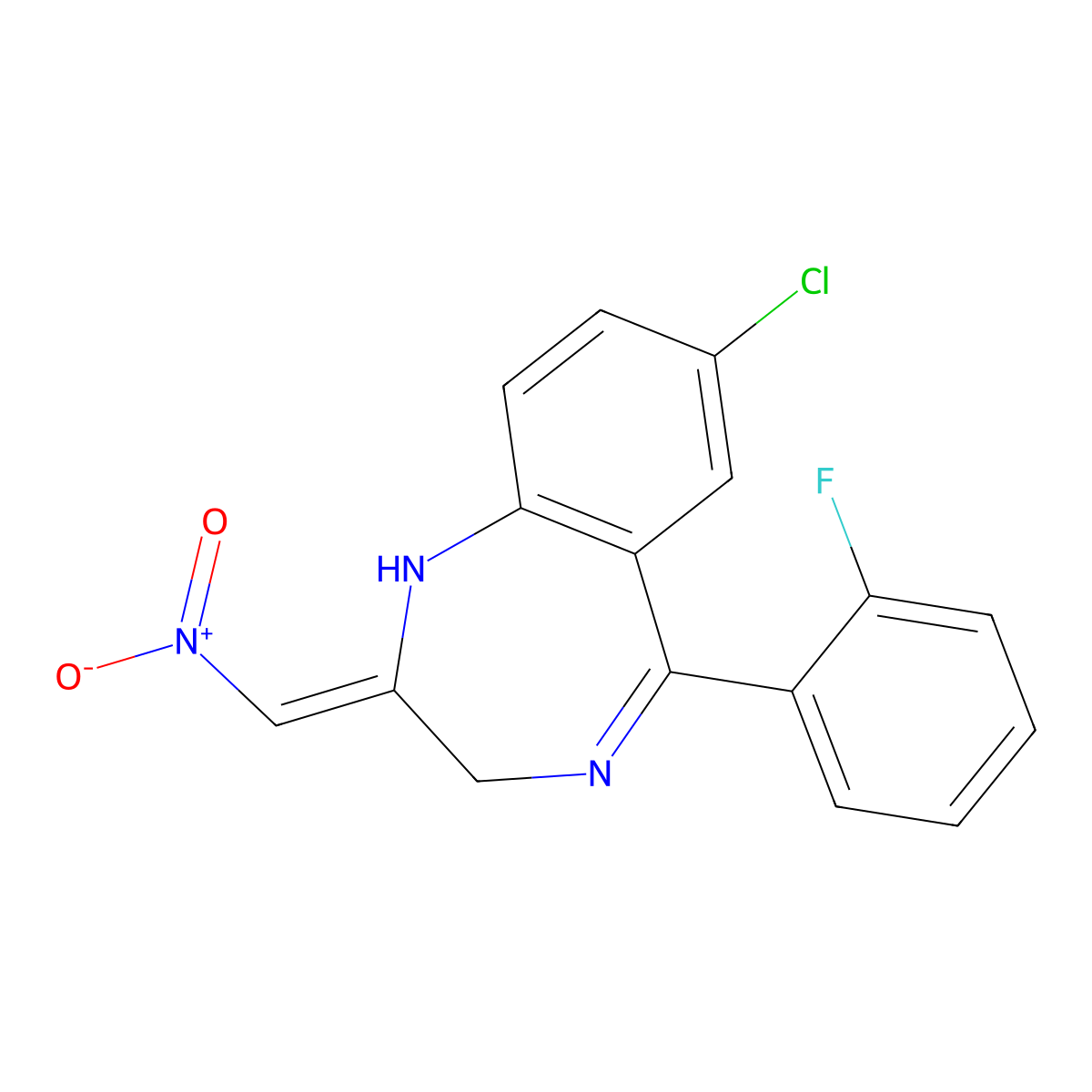 7-Chloro-1,3-dihydro-5-(2-fluorophenyl)-2-nitromethylene-2H-1,4-benzodiazepine molecular structure, CAS 59467-63-9