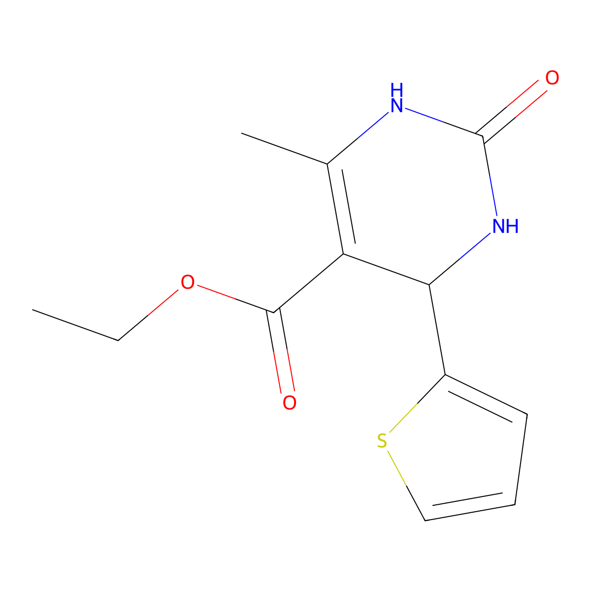 5-Pyrimidinecarboxylic acid, 1,2,3,4-tetrahydro-6-methyl-2-oxo-4-(2-thienyl)-, ethyl ester molecular structure, CAS 5948-72-1