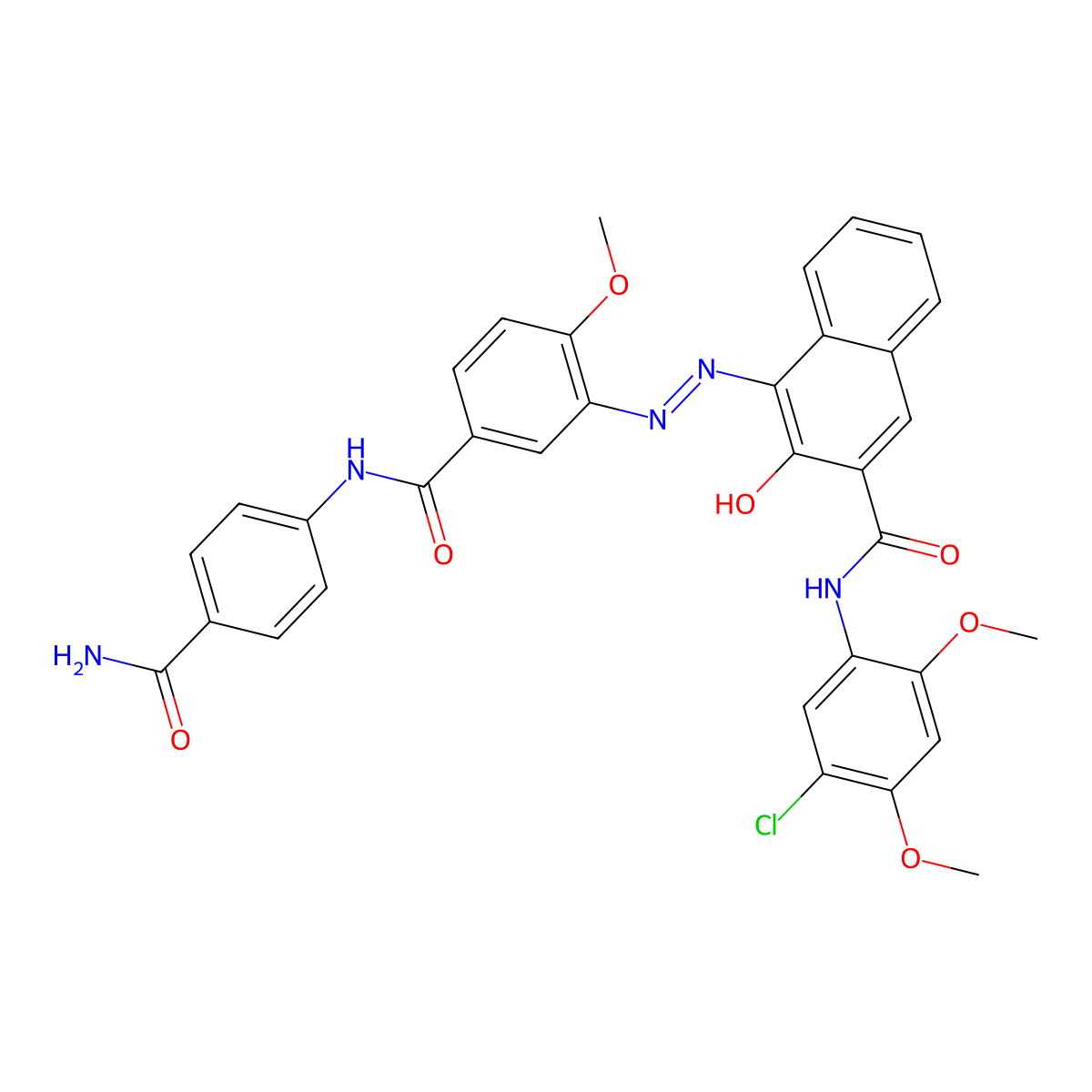 2-Naphthalenecarboxamide, 4-((5-(((4-(aminocarbonyl)phenyl)amino)carbonyl)-2-methoxyphenyl)azo)-N-(5-chloro-2,4-dimethoxyphenyl)-3-hydroxy- molecular structure, CAS 59487-23-9