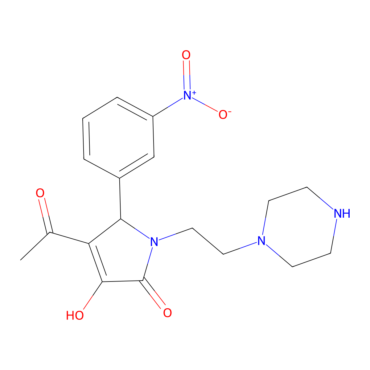 Pyrrol-2(5H)-one, 4-acetyl-3-hydroxy-5-(3-nitrophenyl)-1-[2-(1-piperazinyl)ethyl]- molecular structure, CAS 5949-14-4
