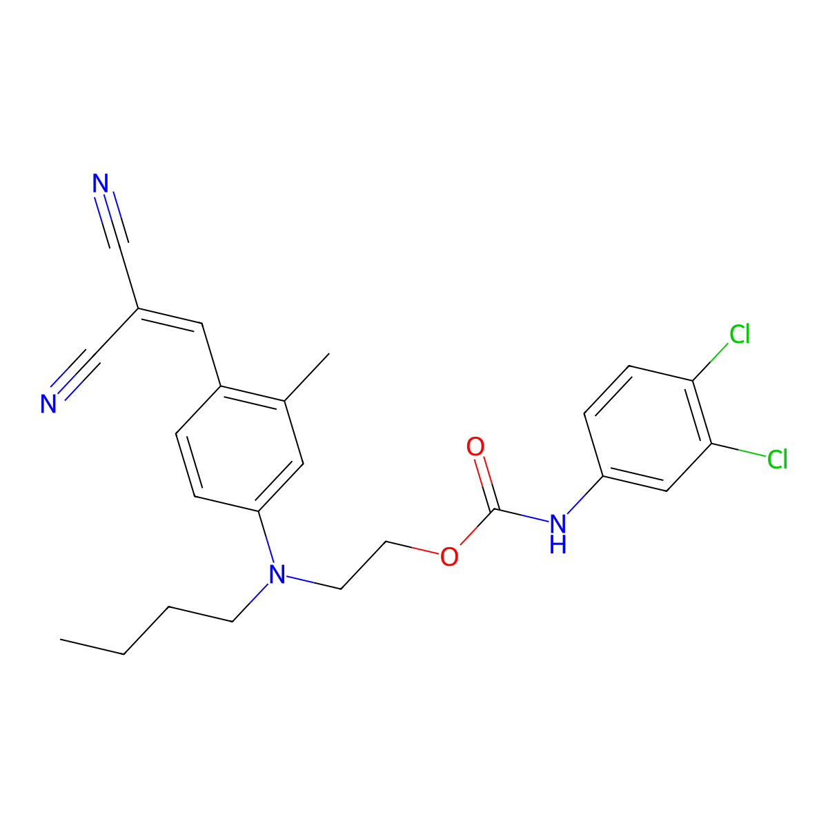 Carbamic acid, N-(3,4-dichlorophenyl)-, 2-[butyl[4-(2,2-dicyanoethenyl)-3-methylphenyl]amino]ethyl ester molecular structure, CAS 59583-77-6