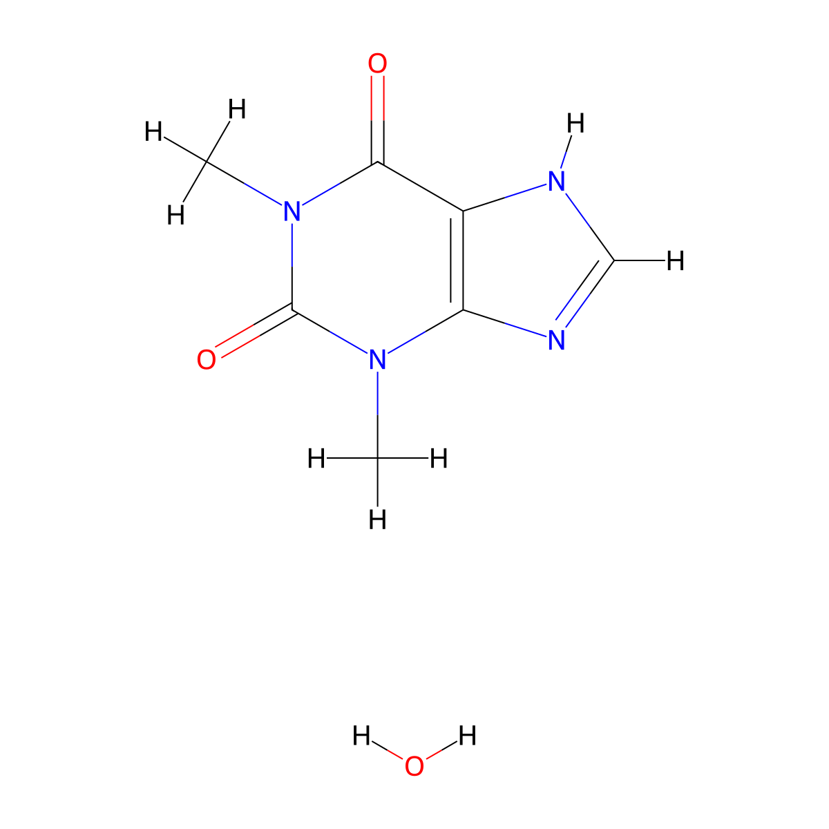 1H-Purine-2,6-dione, 3,9-dihydro-1,3-dimethyl-, hydrate (1:1) molecular structure, CAS 5967-84-0