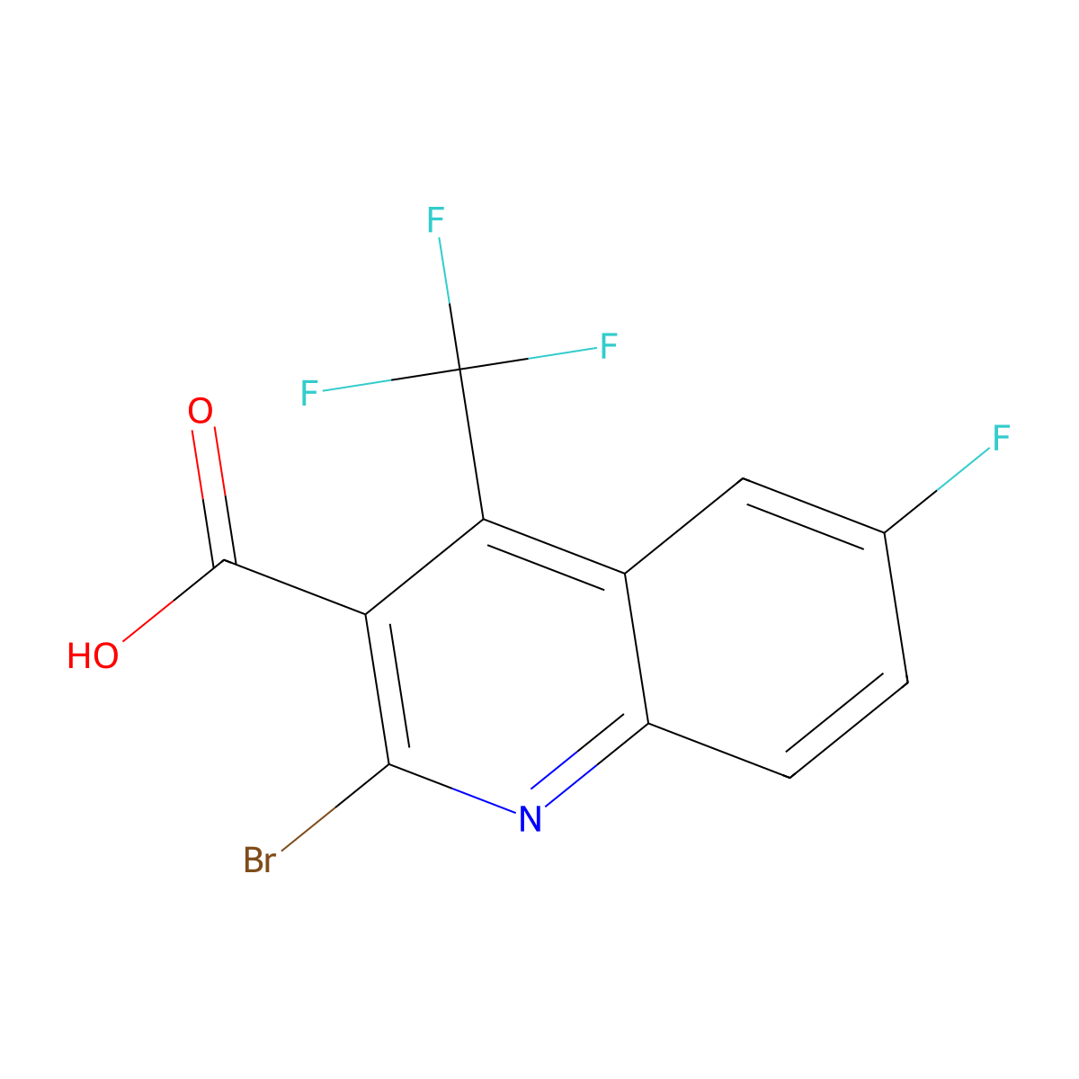 2-bromo-6-fluoro-4-(trifluoromethyl)quinoline-3-carboxylic Acid molecular structure, CAS 596845-49-7