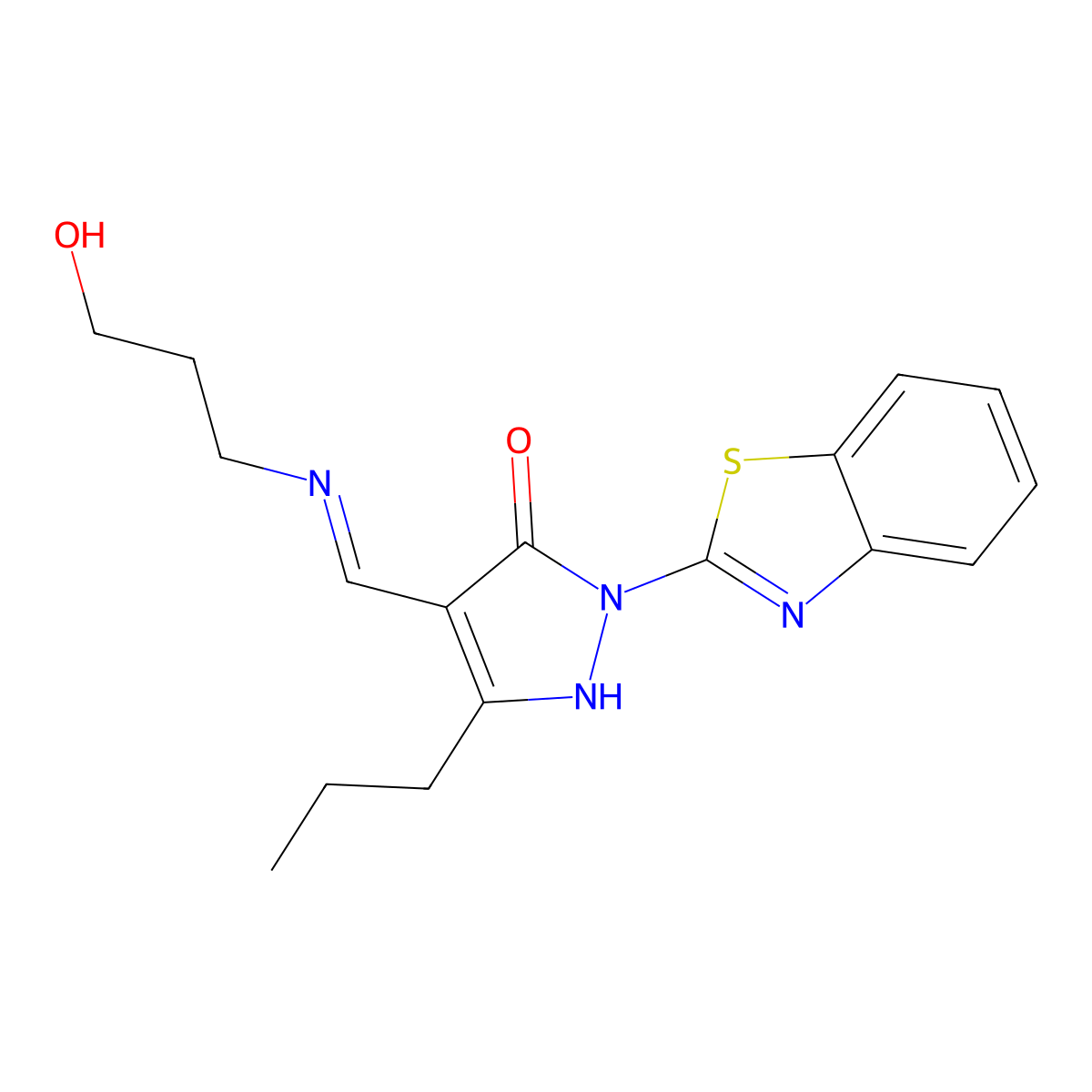 (4E)-2-(1,3-benzothiazol-2-yl)-4-{[(3-hydroxypropyl)amino]methylidene}-5-propyl-2,4-dihydro-3H-pyrazol-3-one molecular structure, CAS 5969-18-6