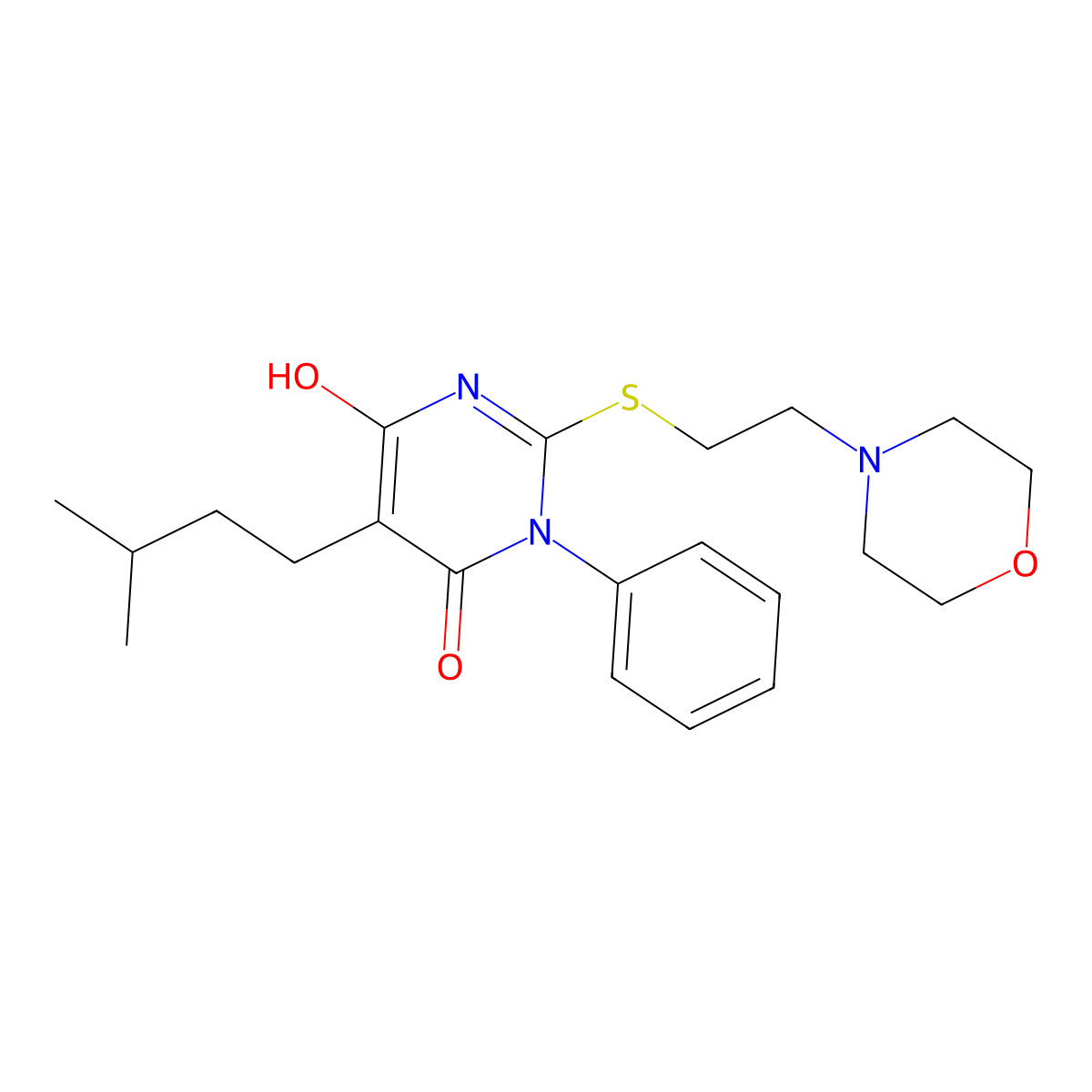 6-Hydroxy-5-(3-methyl-butyl)-2-(2-morpholin-4-yl-ethylsulfanyl)-3-phenyl-3H-pyrimidin-4-one molecular structure, CAS 5969-98-2
