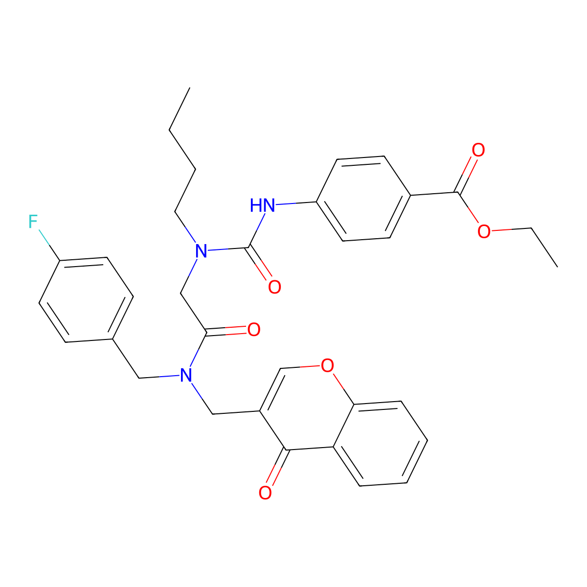 Ethyl 4-{[butyl(2-{[(4-fluorophenyl)methyl][(4-oxo-4H-1-benzopyran-3-yl)methyl]amino}-2-oxoethyl)carbamoyl]amino}benzoate molecular structure, CAS 5972-89-4