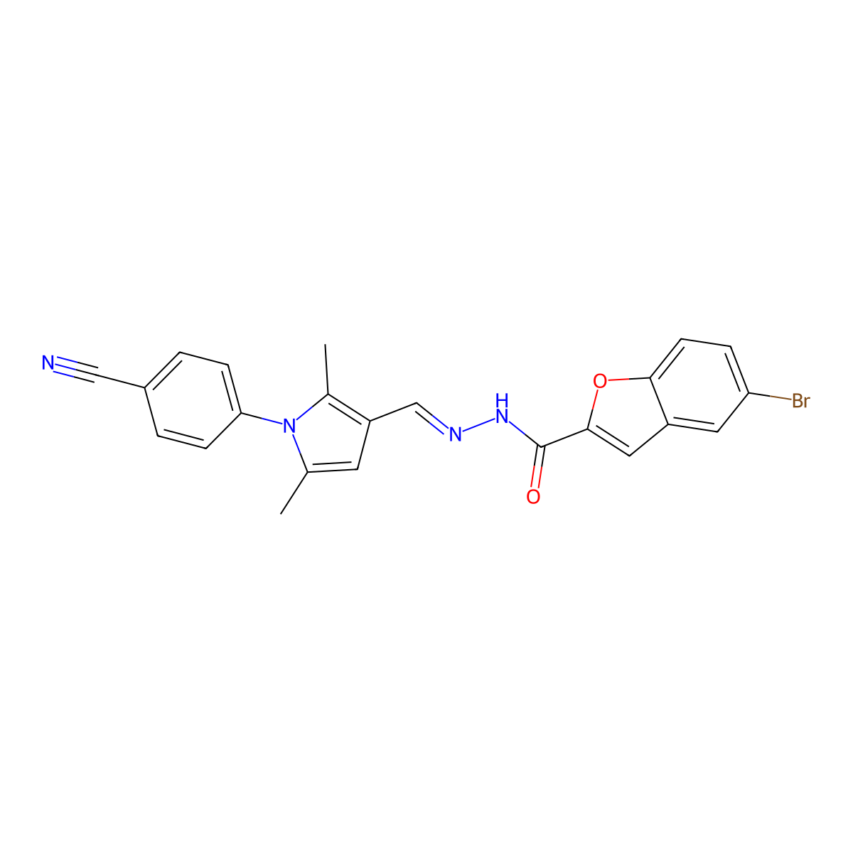 5-bromo-N-[[1-(4-cyanophenyl)-2,5-dimethylpyrrol-3-yl]methylideneamino]-1-benzofuran-2-carboxamide molecular structure, CAS 597544-92-8
