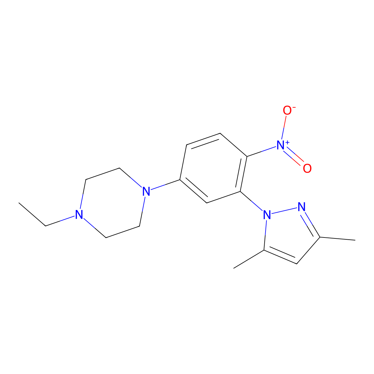 1-[3-(3,5-Dimethylpyrazol-1-yl)-4-nitrophenyl]-4-ethylpiperazine molecular structure, CAS 597545-54-5