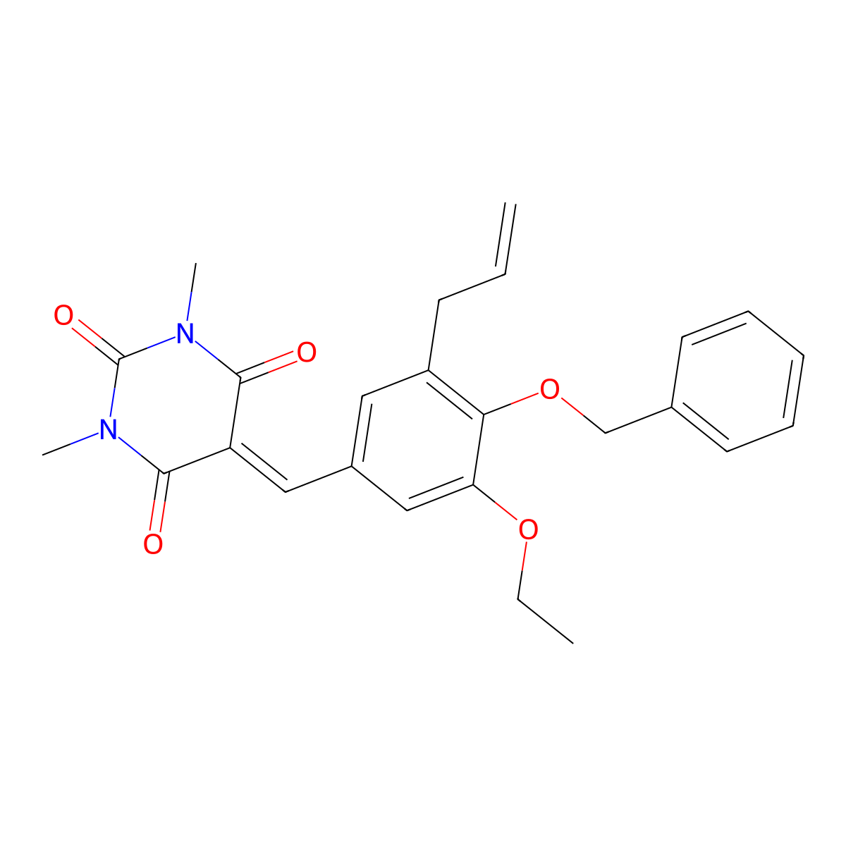 5-[3-allyl-4-(benzyloxy)-5-ethoxybenzylidene]-1,3-dimethyl-2,4,6(1H,3H,5H)-pyrimidinetrione molecular structure, CAS 597546-39-9