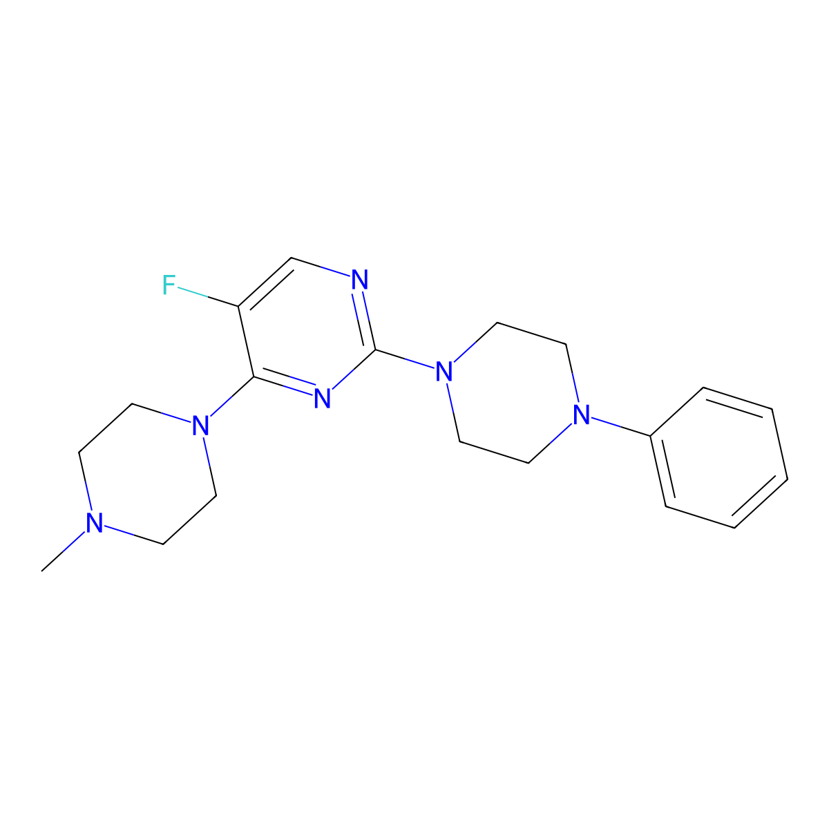5-Fluoro-4-(4-methylpiperazin-1-yl)-2-(4-phenylpiperazin-1-yl)pyrimidine molecular structure, CAS 597546-44-6