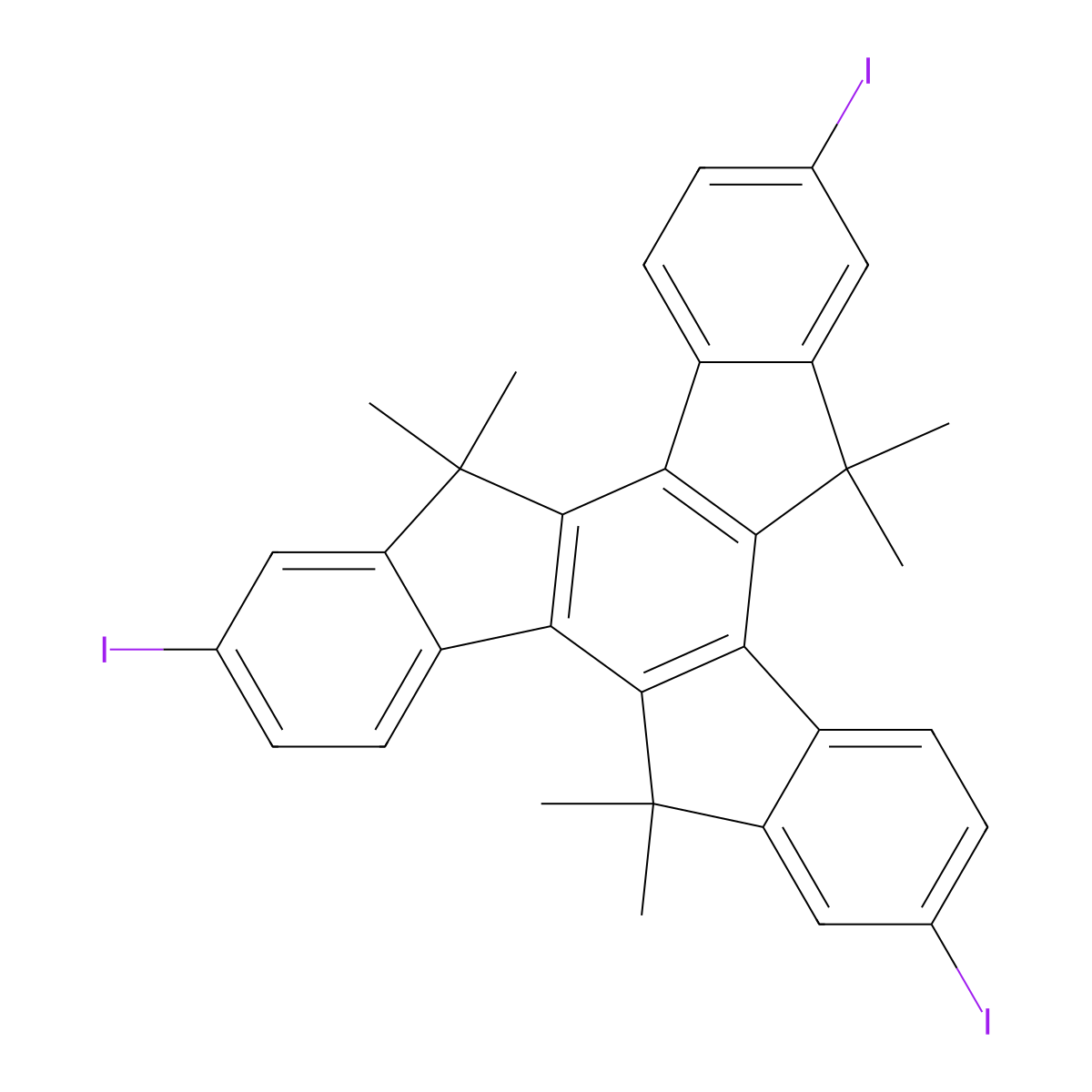 10,15-Dihydro-2,7,12-triiodo-5,5,10,10,15,15-hexamethyl-5H-tribenzo[a,f,k]trindene molecular structure, CAS 597554-77-3
