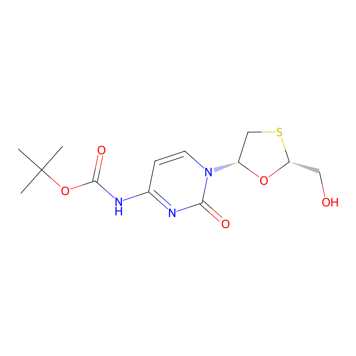 tert-butyl N-{1-[(2R,5S)-2-(hydroxymethyl)-1,3-oxathiolan-5-yl]-2-oxo-1,2-dihydropyrimidin-4-yl}carbamate molecular structure, CAS 597581-64-1