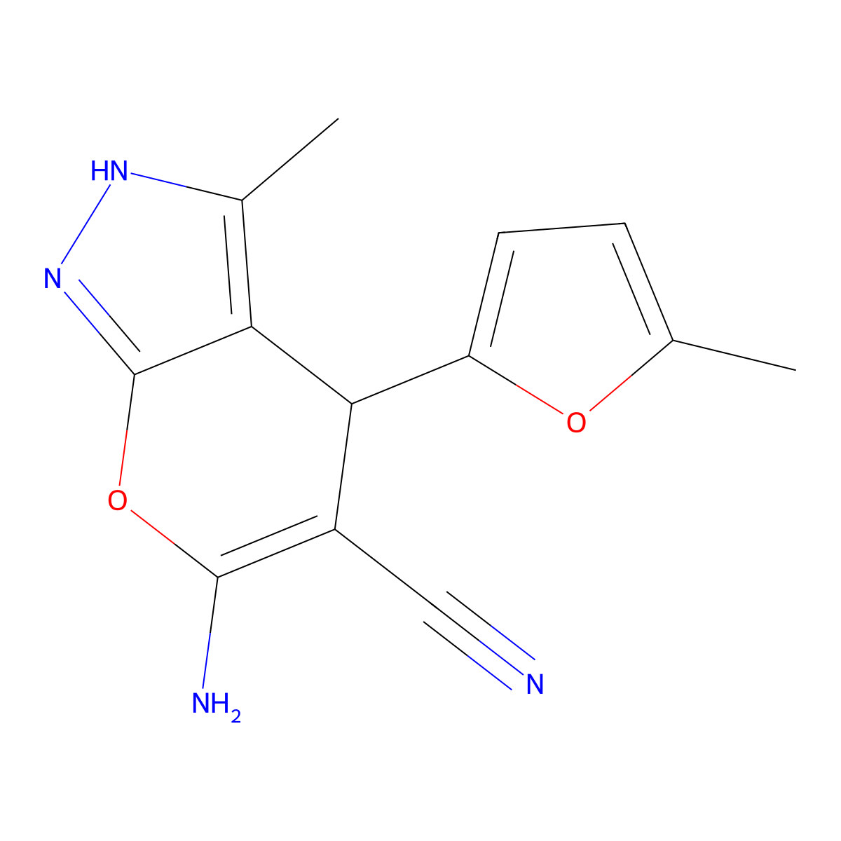 6-Amino-3-methyl-4-(5-methylfuran-2-yl)-2,4-dihydropyrano[2,3-c]pyrazole-5-carbonitrile molecular structure, CAS 5978-67-6