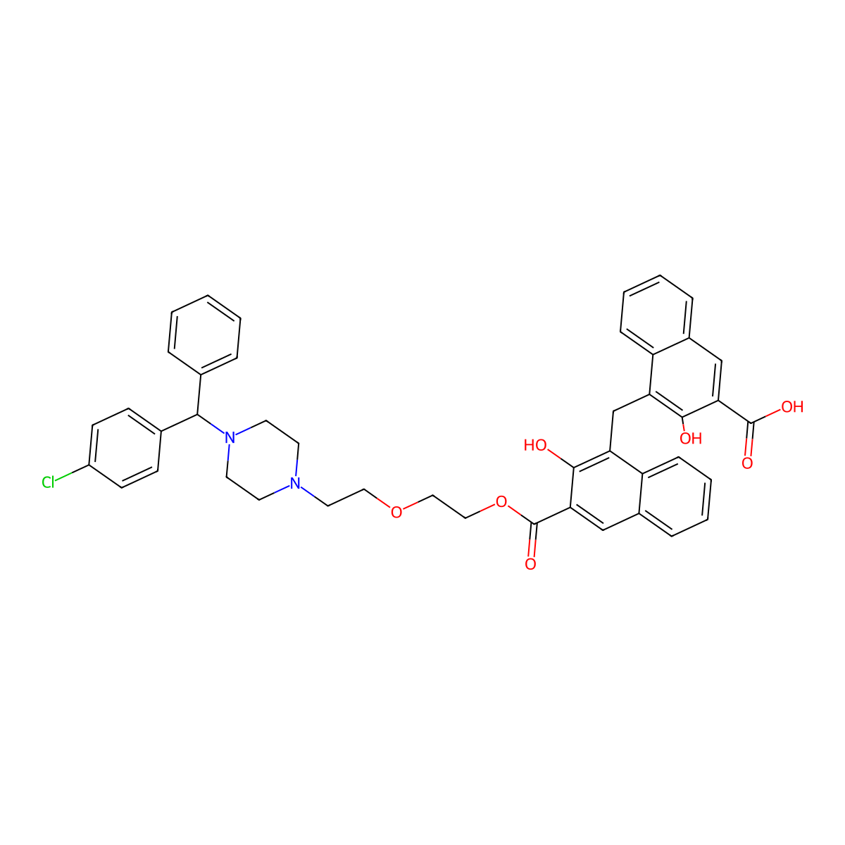 4-((3-((2-(2-(4-((4-Chlorophenyl)(phenyl)methyl)piperazin-1-yl)ethoxy)ethoxy)carbonyl)-2-hydroxynaphthalen-1-yl)methyl)-3-hydroxynaphthalene-2-carboxylic acid molecular structure, CAS 5978-92-7