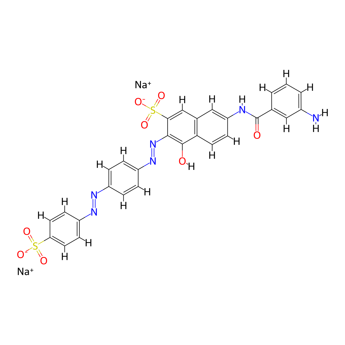 2-Naphthalenesulfonic acid, 7-((3-aminobenzoyl)amino)-4-hydroxy-3-(2-(4-(2-(4-sulfophenyl)diazenyl)phenyl)diazenyl)-, sodium salt (1:2) molecular structure, CAS 5979-31-7