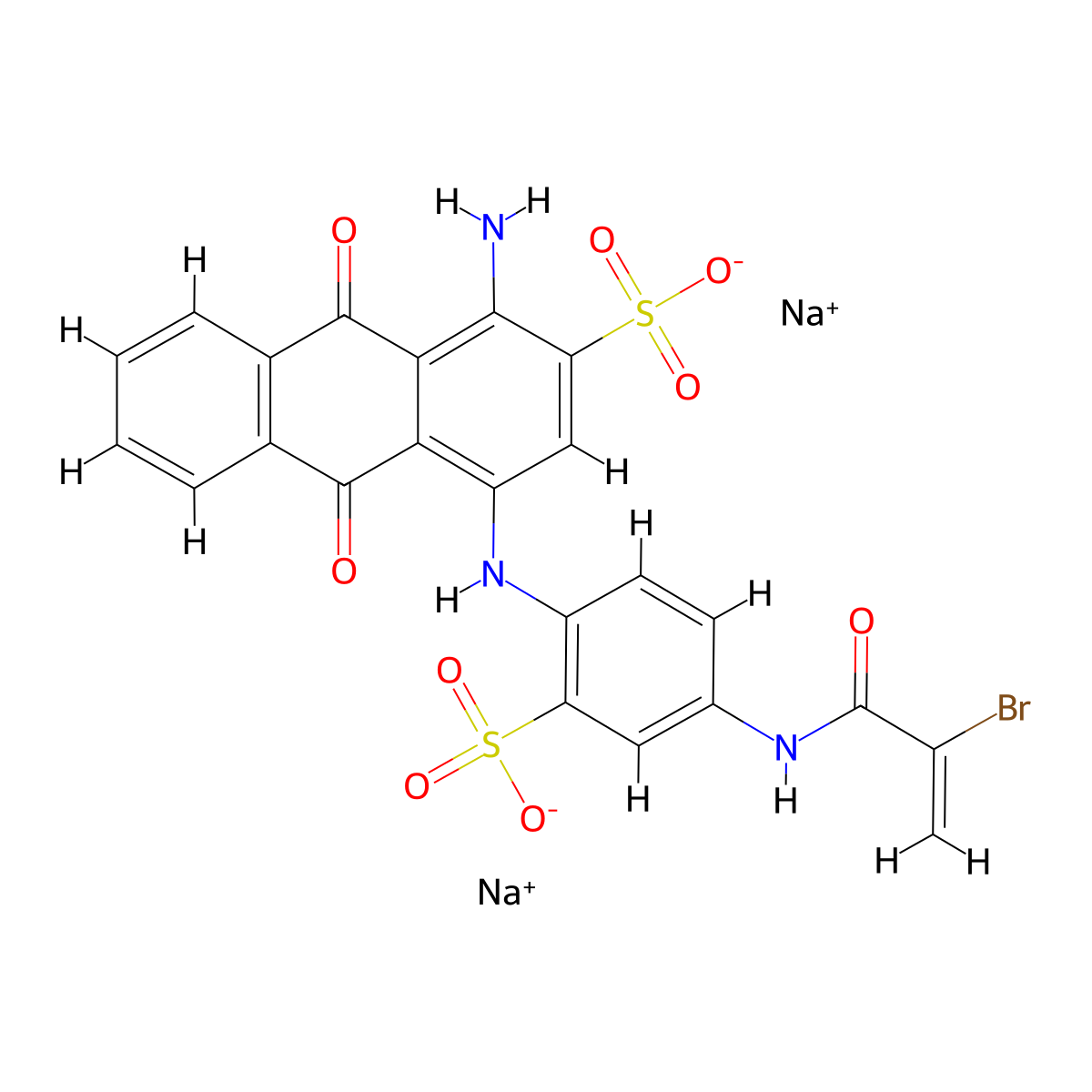 2-Anthracenesulfonic acid, 1-amino-4-((4-((2-bromo-1-oxo-2-propen-1-yl)amino)-2-sulfophenyl)amino)-9,10-dihydro-9,10-dioxo-, sodium salt (1:2) molecular structure, CAS 59800-32-7