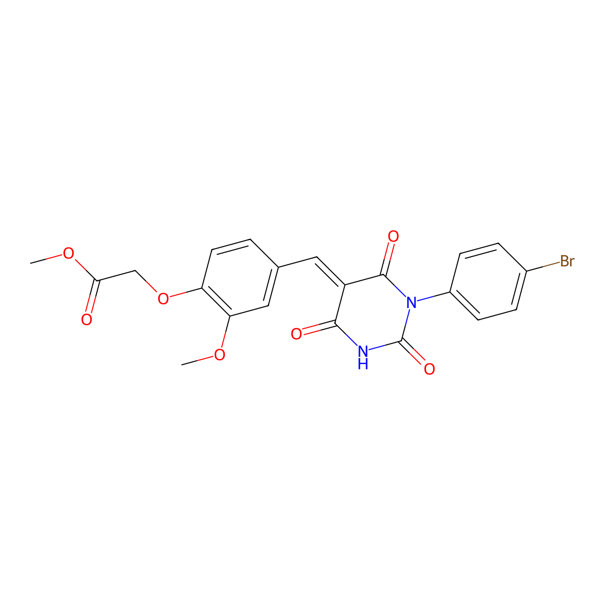 Methyl 2-[4-[[1-(4-bromophenyl)-2,4,6-trioxo-1,3-diazinan-5-ylidene]methyl]-2-methoxyphenoxy]acetate molecular structure, CAS 5982-77-4