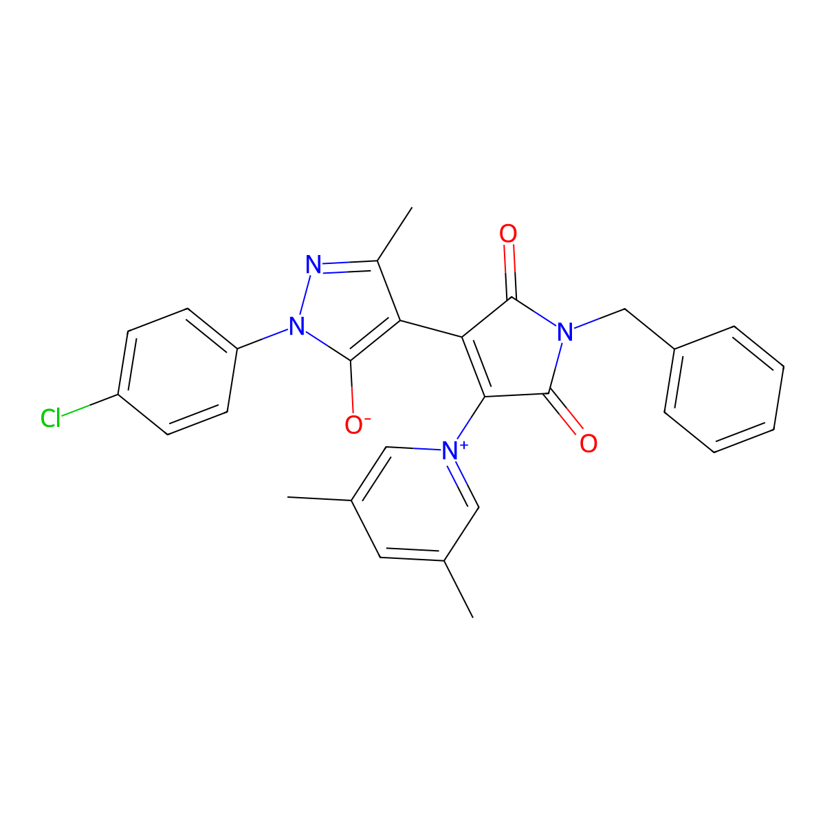 4-[1-Benzyl-4-(3,5-dimethylpyridin-1-ium-1-yl)-2,5-dioxopyrrol-3-yl]-2-(4-chlorophenyl)-5-methylpyrazol-3-olate molecular structure, CAS 5983-31-3