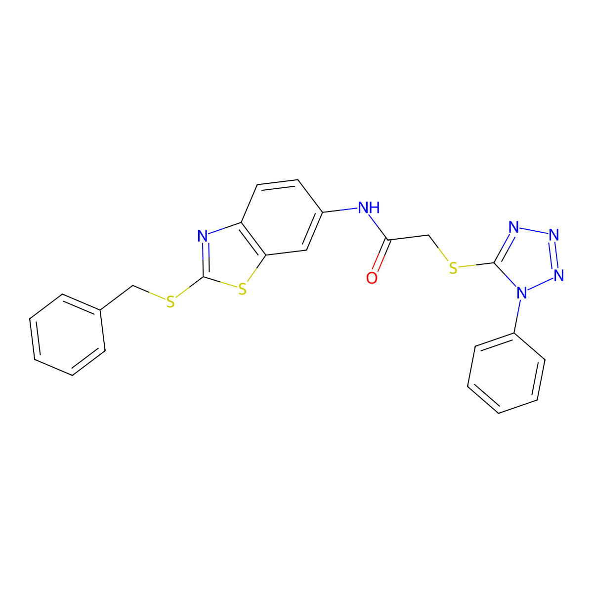 N-[2-(benzylsulfanyl)-1,3-benzothiazol-6-yl]-2-[(1-phenyl-1H-tetrazol-5-yl)sulfanyl]acetamide molecular structure, CAS 5985-22-8