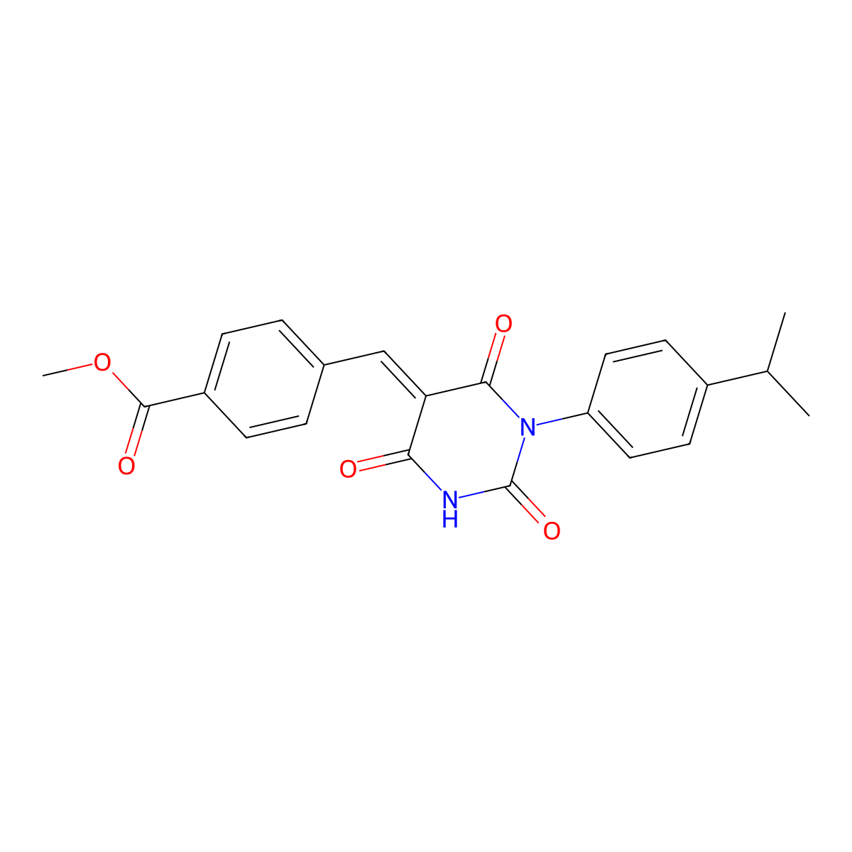 methyl 4-[(Z)-[2,4,6-trioxo-1-(4-propan-2-ylphenyl)-1,3-diazinan-5-ylidene]methyl]benzoate molecular structure, CAS 5985-57-9