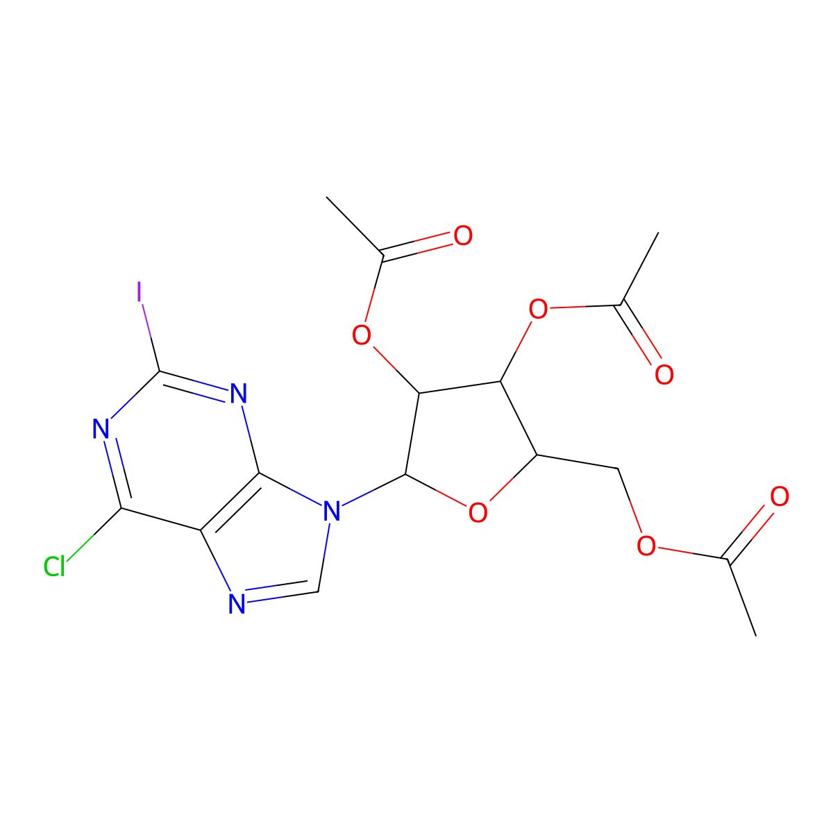 Acetic acid (2R,3R,4R,5R)-3,4-diacetoxy-5-(6-chloro-2-iodo-purin-9-YL)-tetrahydro-furan-2-ylmethyl ester molecular structure, CAS 5987-76-8