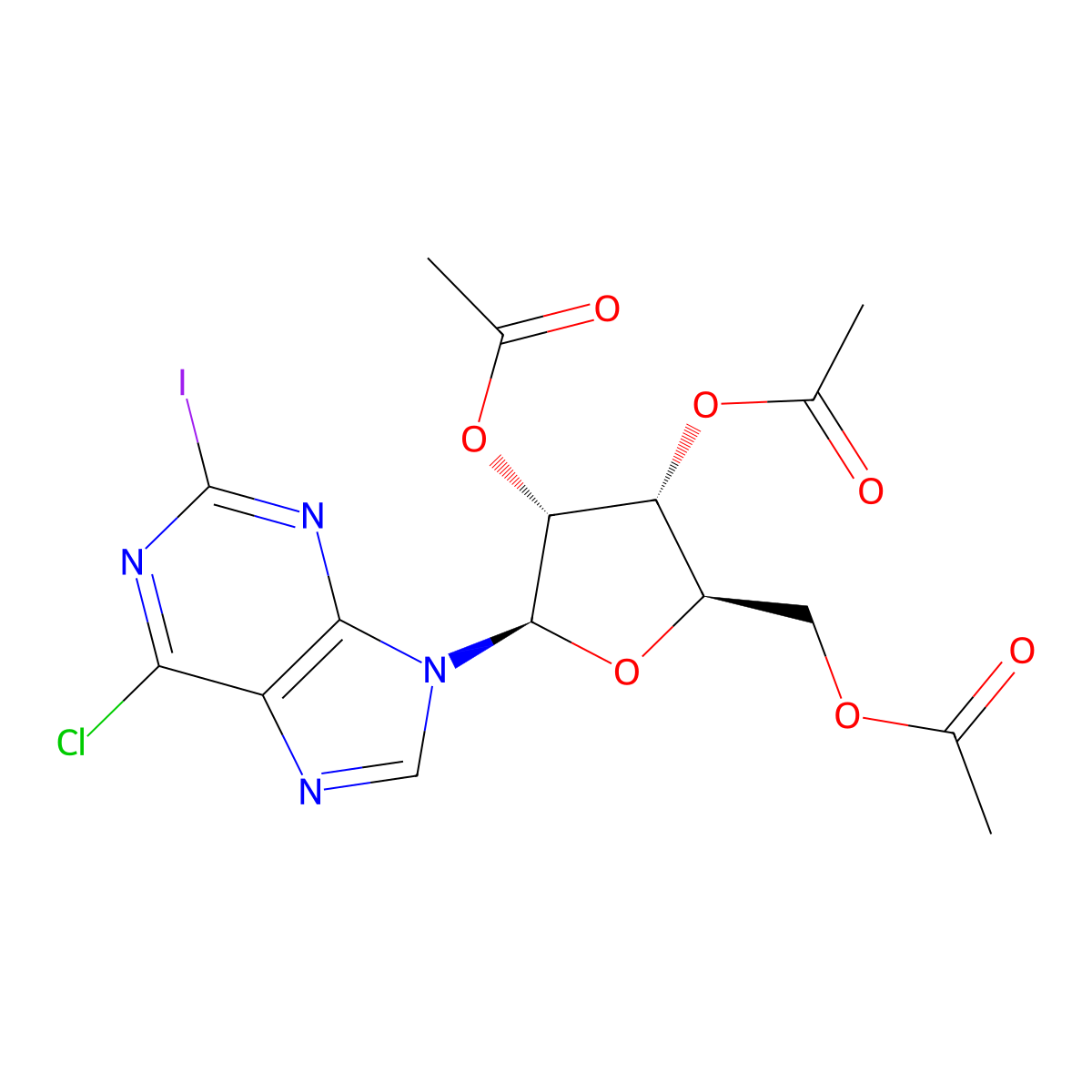 Acetic acid (2R,3R,4R,5R)-3,4-diacetoxy-5-(6-chloro-2-iodo-purin-9-YL)-tetrahydro-furan-2-ylmethyl ester molecular structure, CAS 5987-76-8
