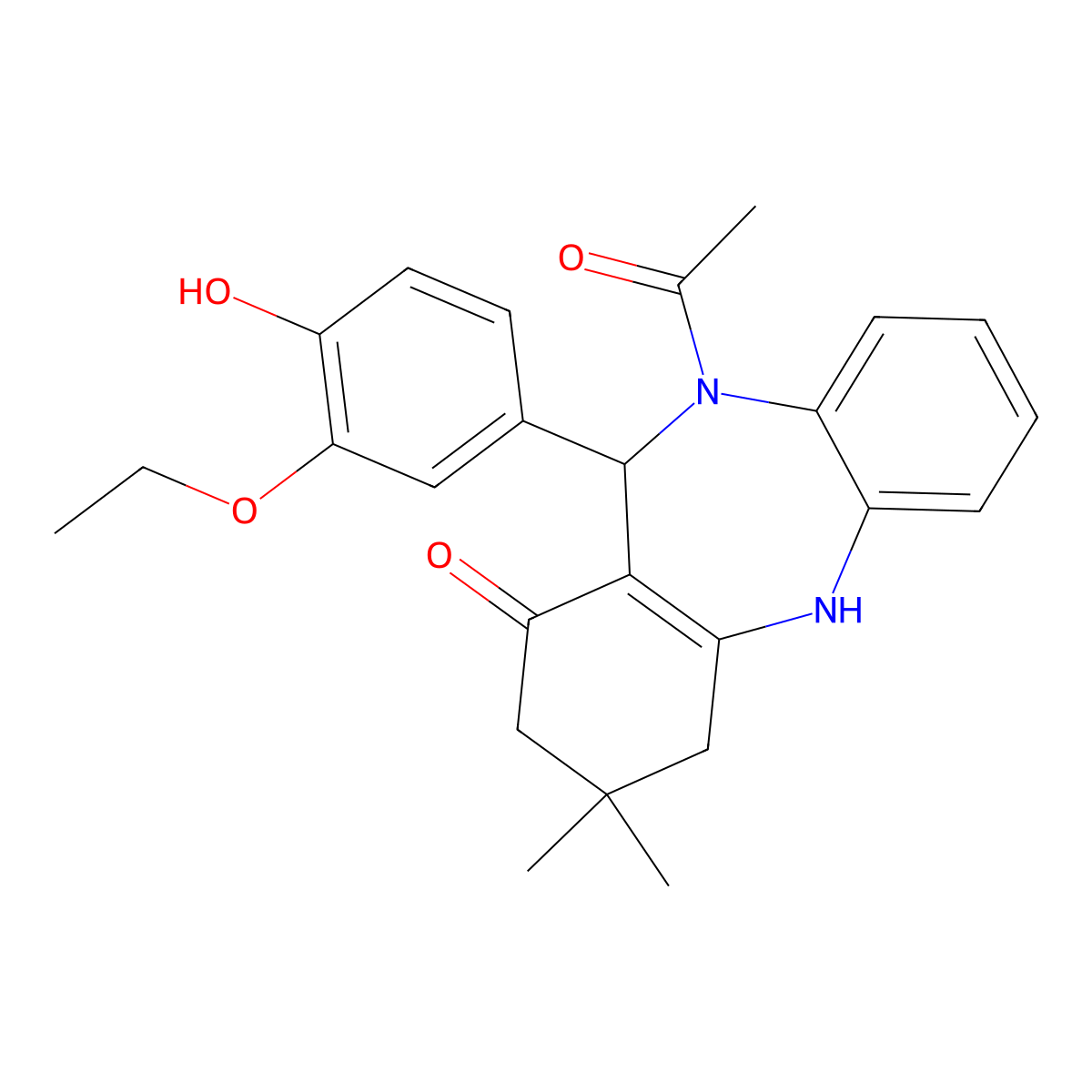 10-acetyl-11-(3-ethoxy-4-hydroxyphenyl)-3,3-dimethyl-2,3,4,5,10,11-hexahydro-1H-dibenzo[b,e][1,4]diazepin-1-one molecular structure, CAS 5988-44-3