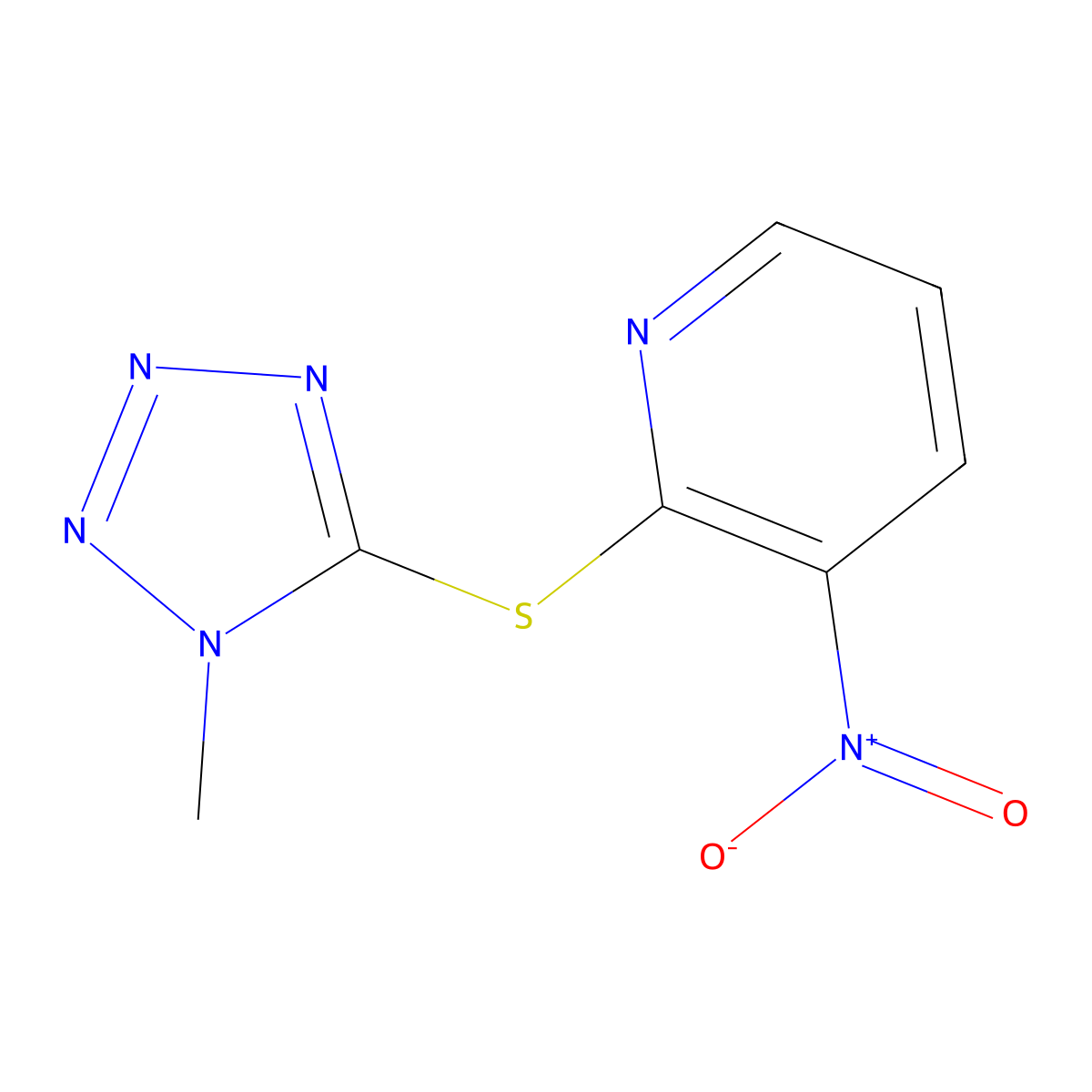 2-(1-Methyltetrazol-5-yl)sulfanyl-3-nitropyridine molecular structure, CAS 59888-16-3