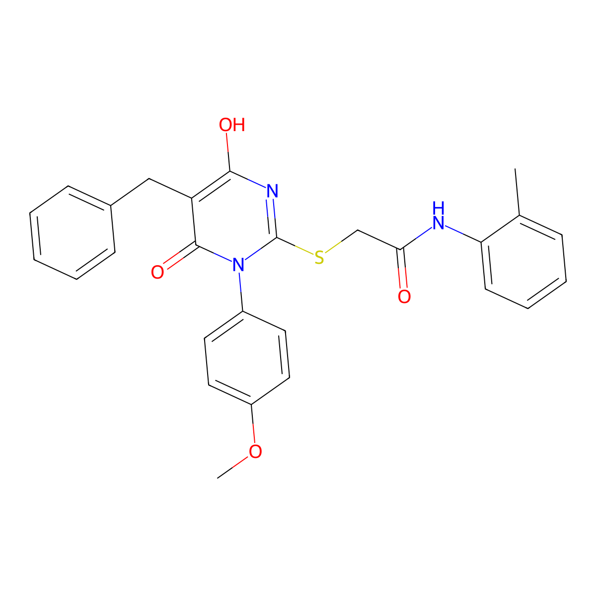 2-{[5-benzyl-4-hydroxy-1-(4-methoxyphenyl)-6-oxo-1,6-dihydropyrimidin-2-yl]sulfanyl}-N-(2-methylphenyl)acetamide molecular structure, CAS 5989-73-1