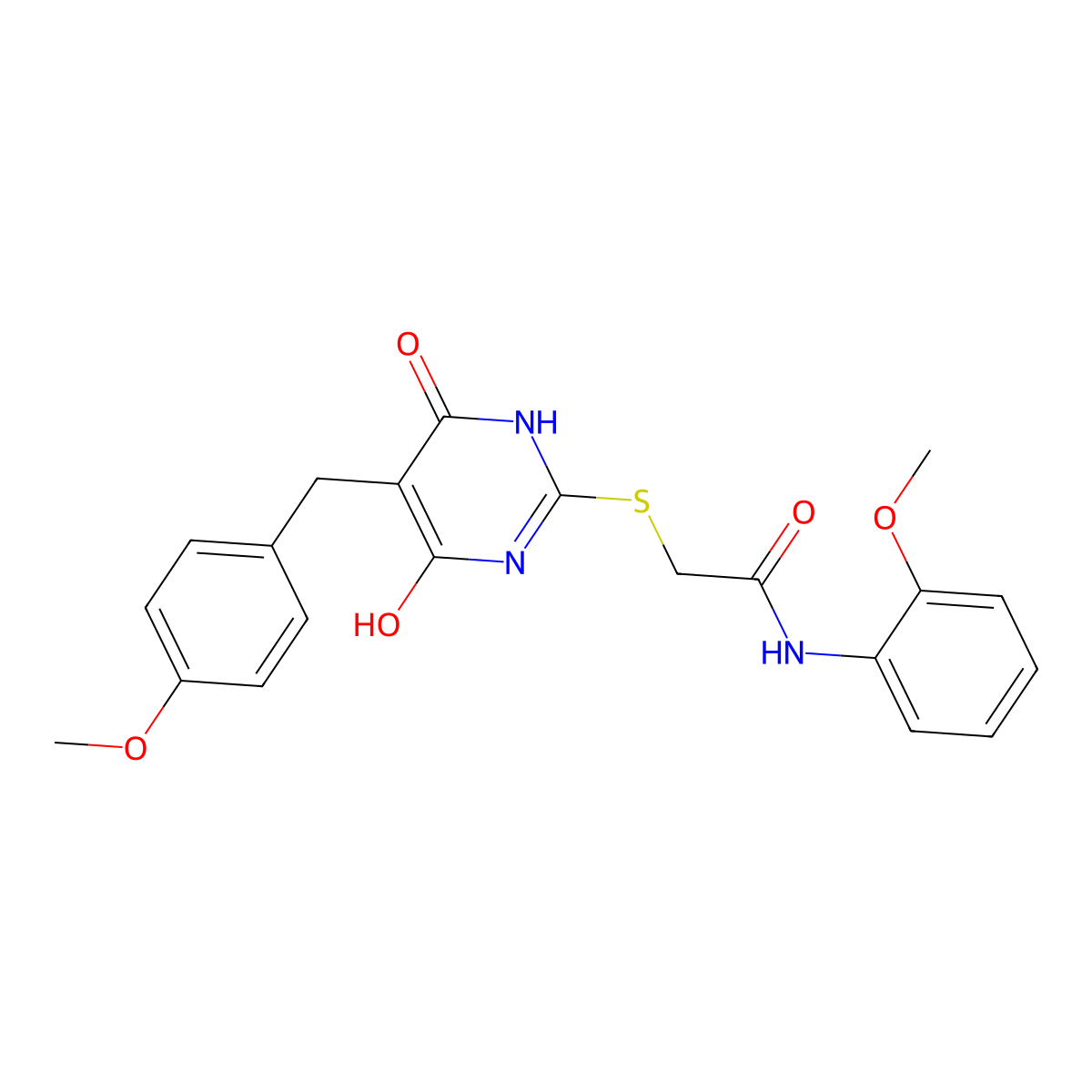 2-[[4-hydroxy-5-[(4-methoxyphenyl)methyl]-6-oxo-1H-pyrimidin-2-yl]sulfanyl]-N-(2-methoxyphenyl)acetamide molecular structure, CAS 5989-82-2